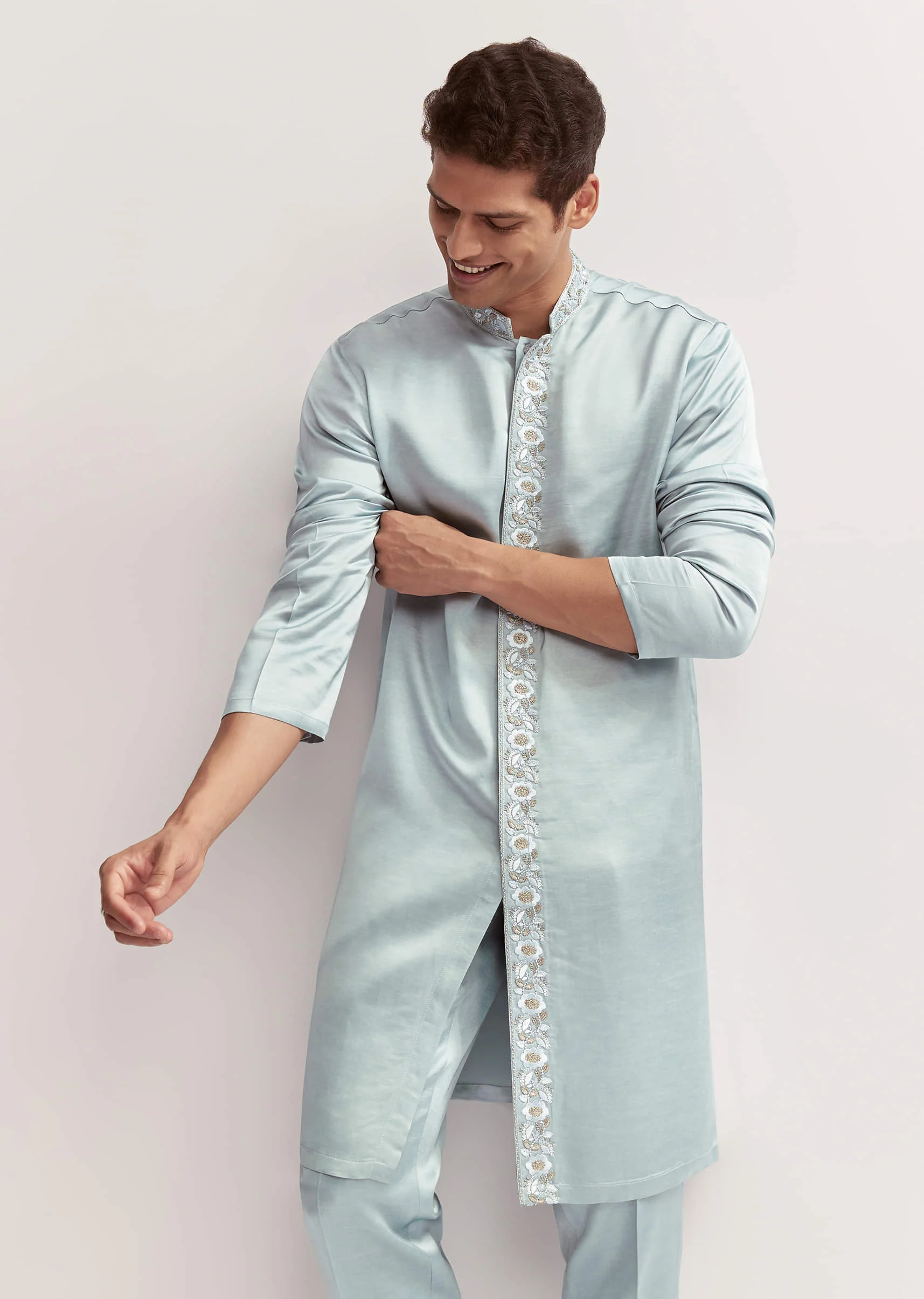 Sky Blue Satin Blend Kurta Set For Men With Zardosi Hand Embroidery - Image 4