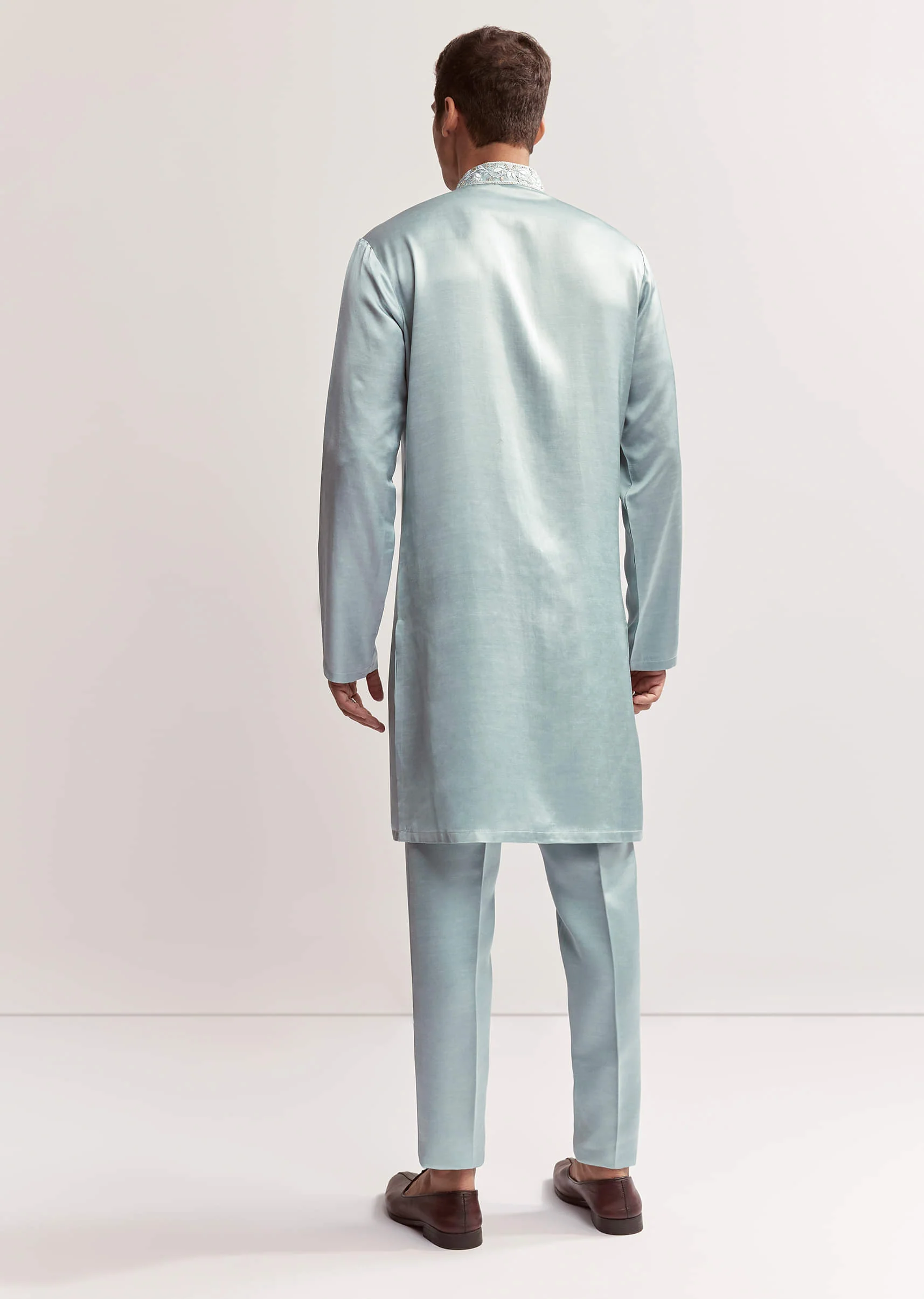 Sky Blue Satin Blend Kurta Set For Men With Zardosi Hand Embroidery - Image 5