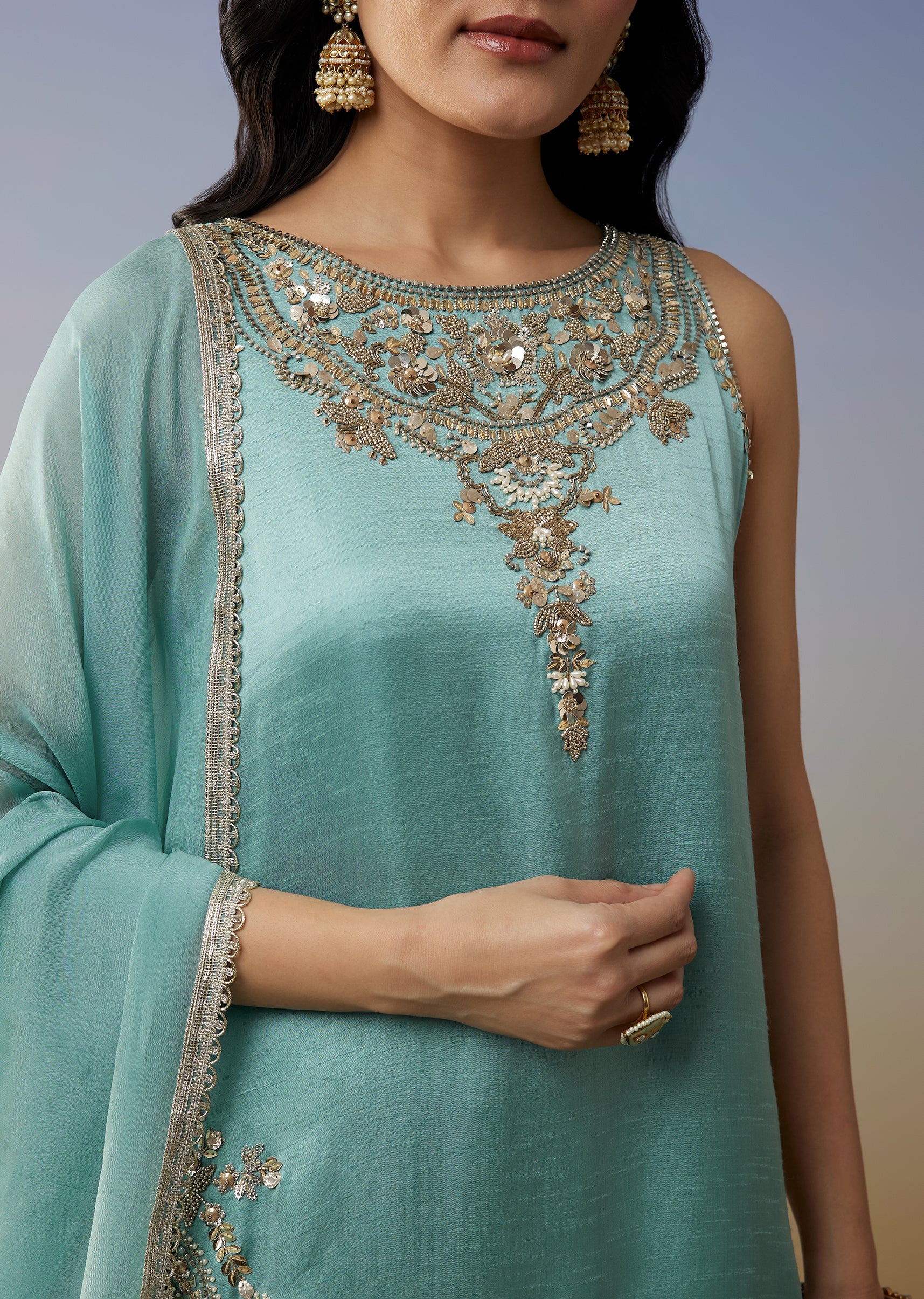 Sky Blue Satin Palazzo Suit with Beads Sequins Work - Image 2