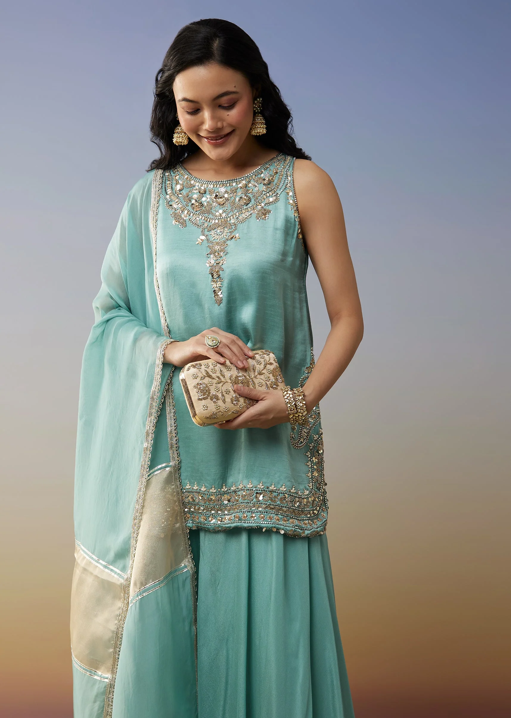 Sky Blue Satin Palazzo Suit with Beads Sequins Work - Image 4