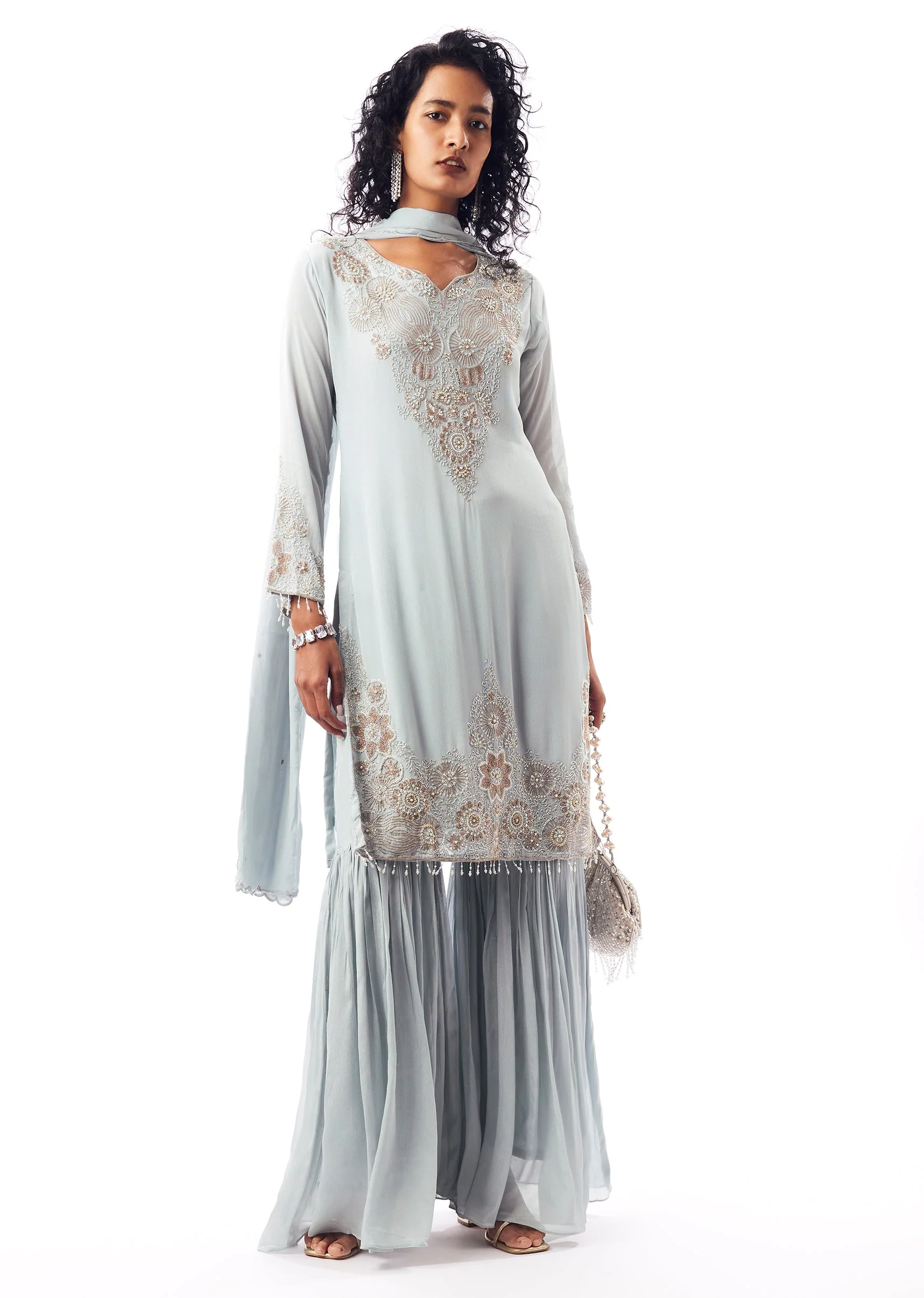 Sky Blue Sharara Set With Pakistani Style Notched Neckline - Image 3