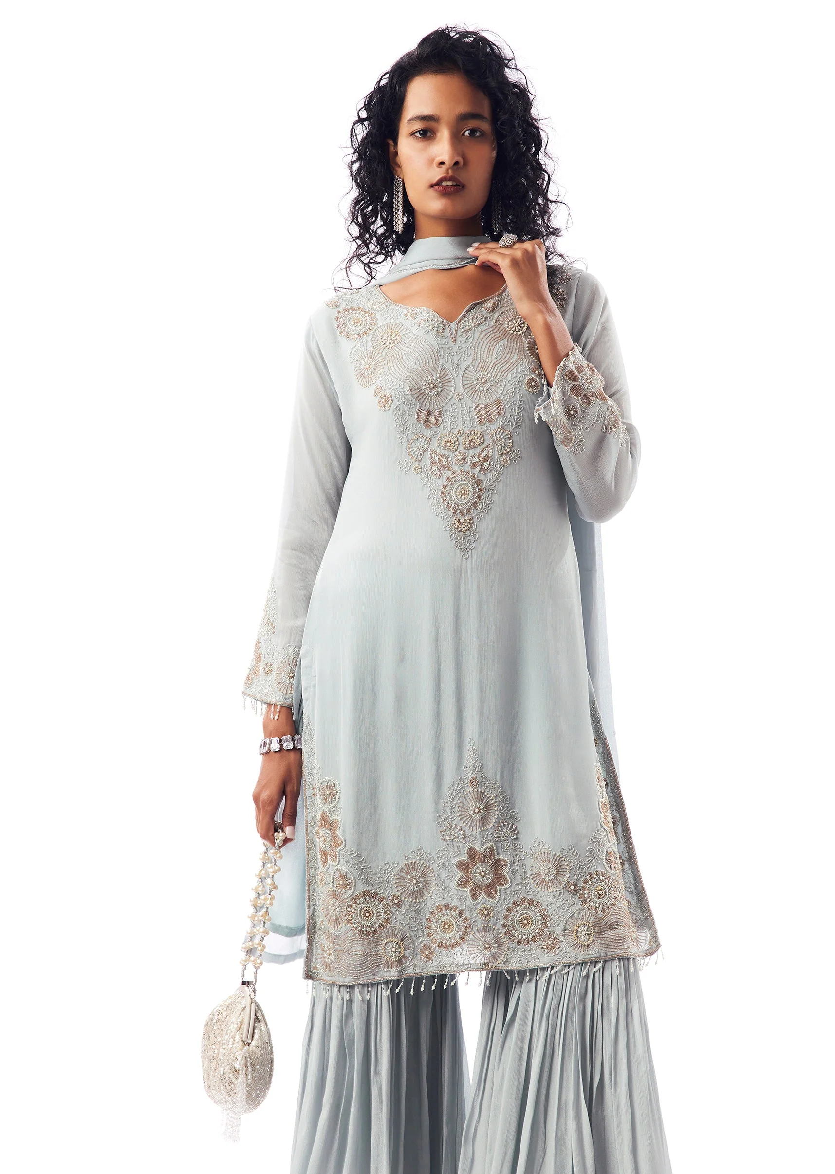 Sky Blue Sharara Set With Pakistani Style Notched Neckline - Image 4