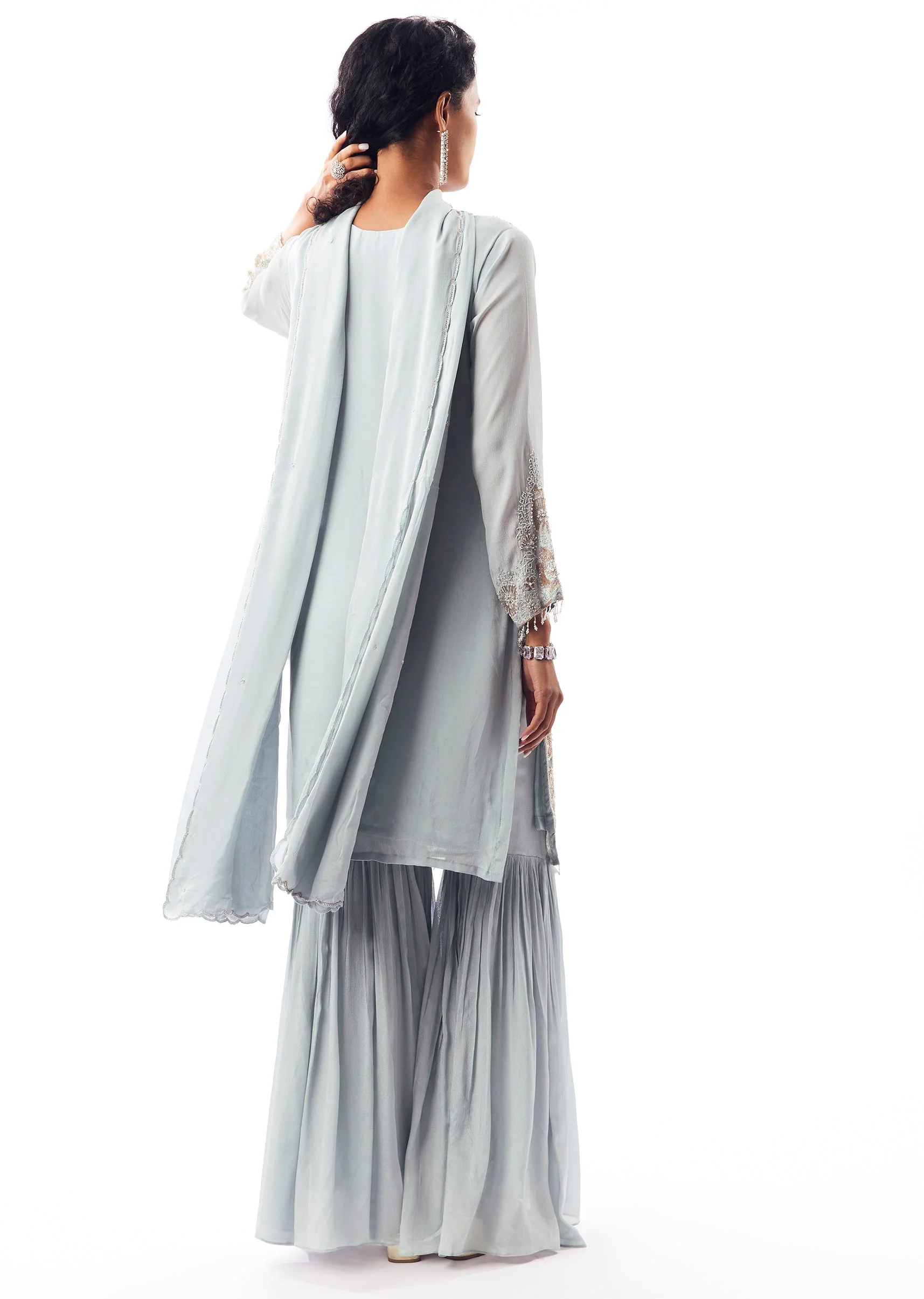 Sky Blue Sharara Set With Pakistani Style Notched Neckline - Image 5