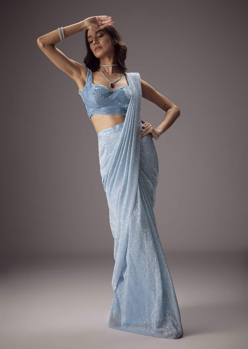 Sky Blue Shimmer Saree Paired With A Sweetheart Velvet Blouse - Image 4