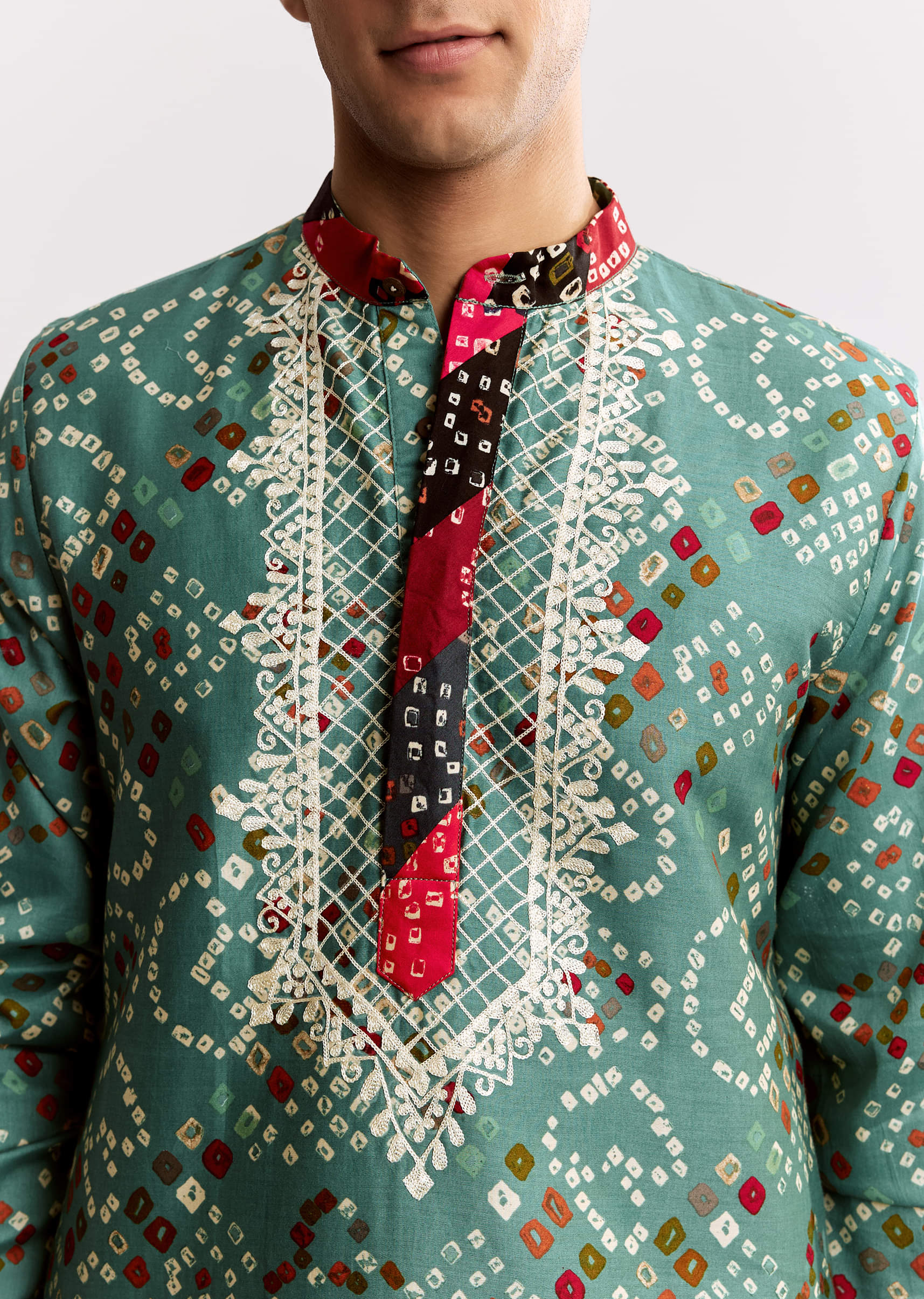 Sky Blue Silk Kurta Set With Bandhani Print - Image 3