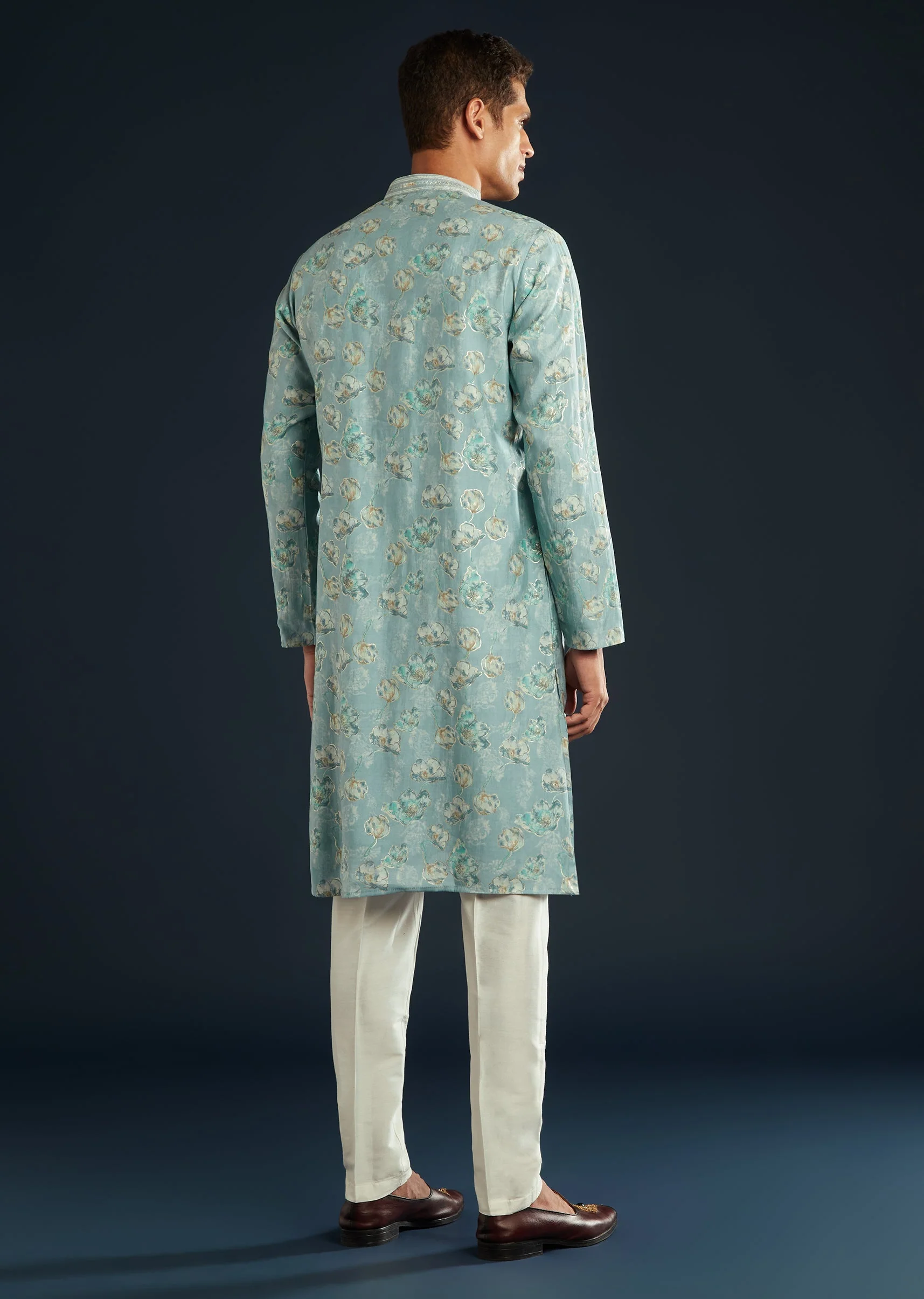 Sky Blue Silk Kurta Set with Floral Motifs - Image 5