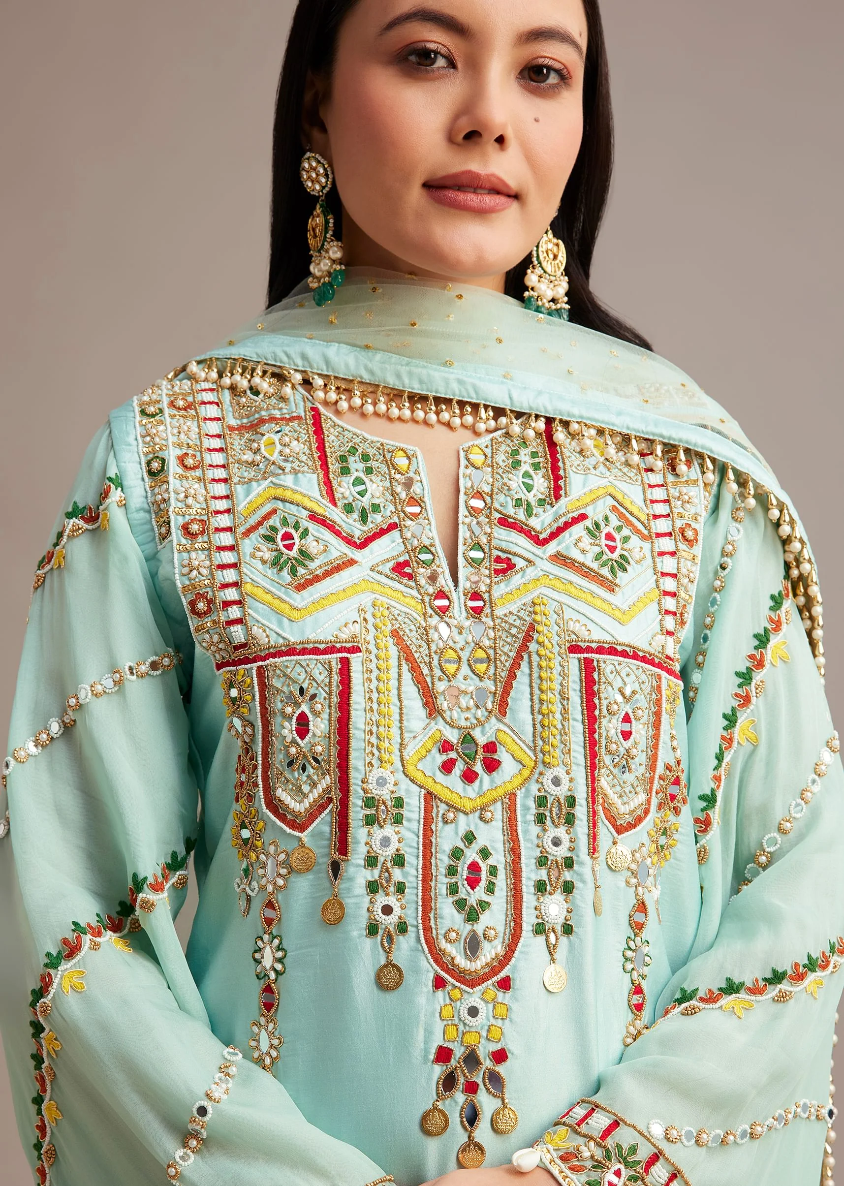 Sky Blue Silk Kurta Set With Mirror And Thread Work - Image 2