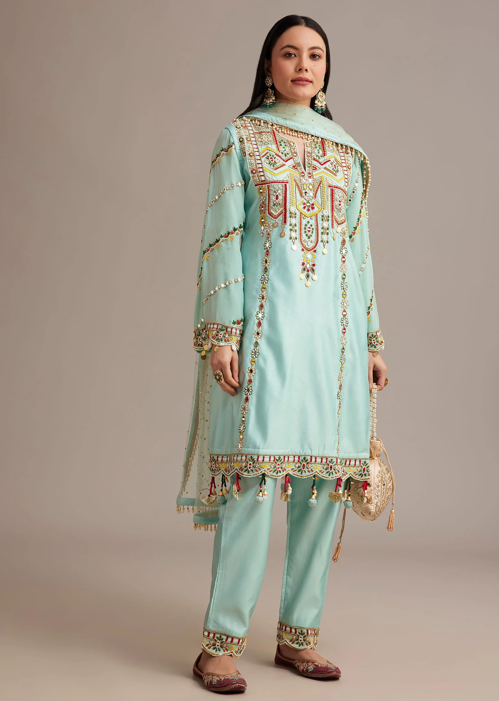 Sky Blue Silk Kurta Set With Mirror And Thread Work - Image 3