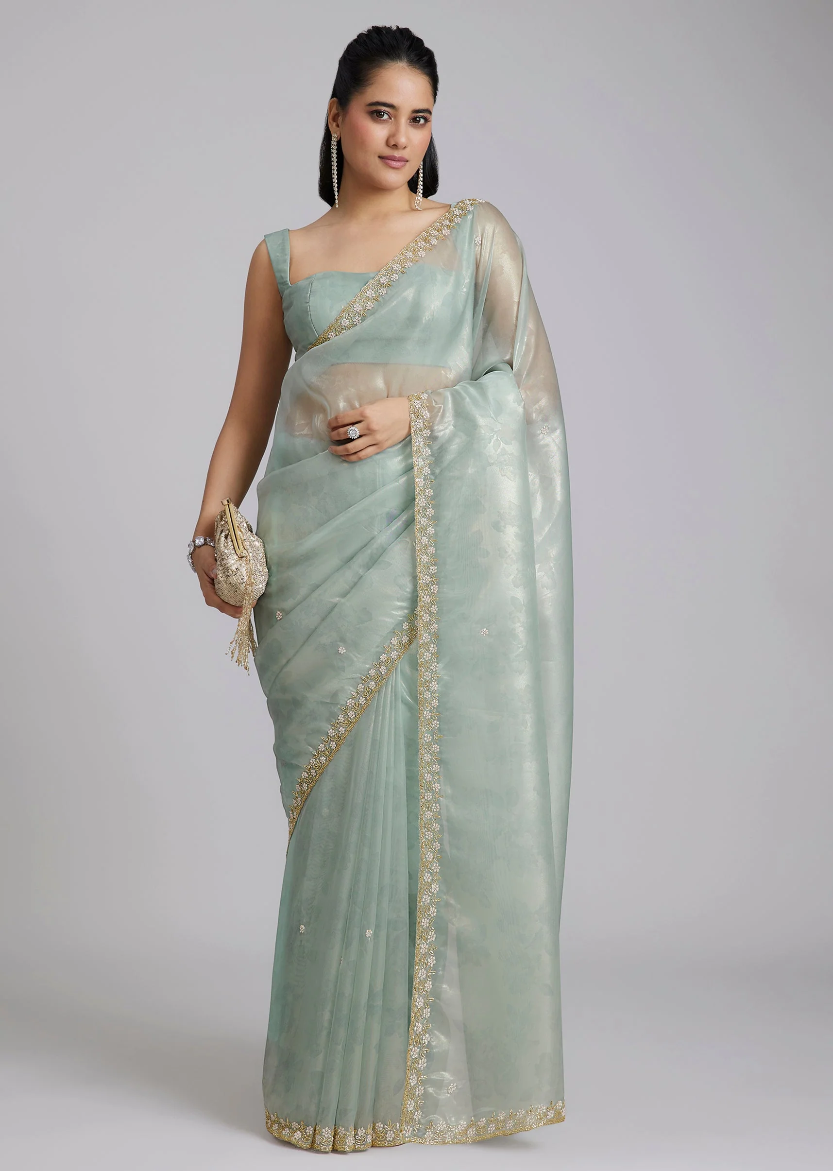 Sky Blue Tissue Saree With Floral Border