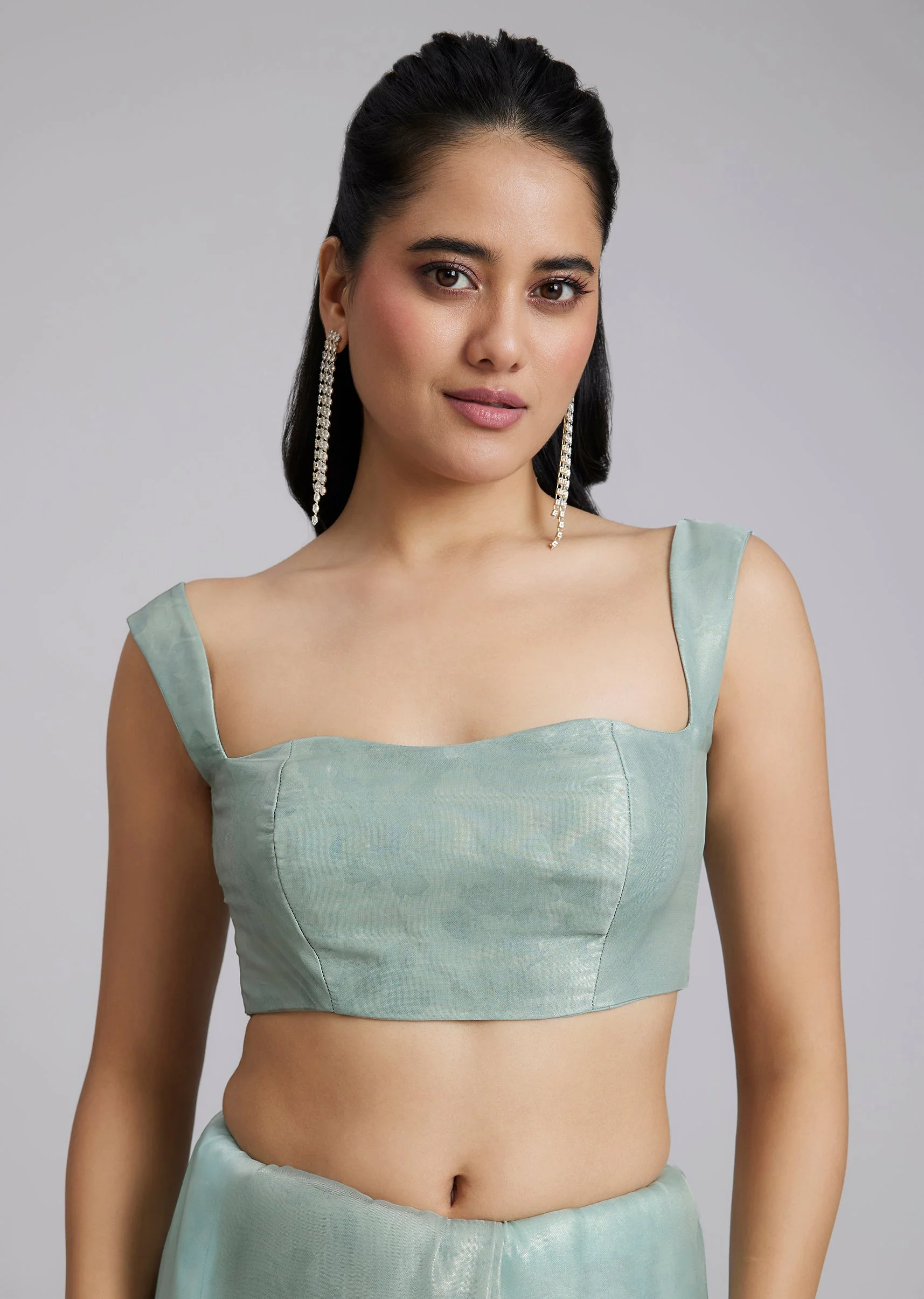 Sky Blue Tissue Saree With Floral Border - Image 7