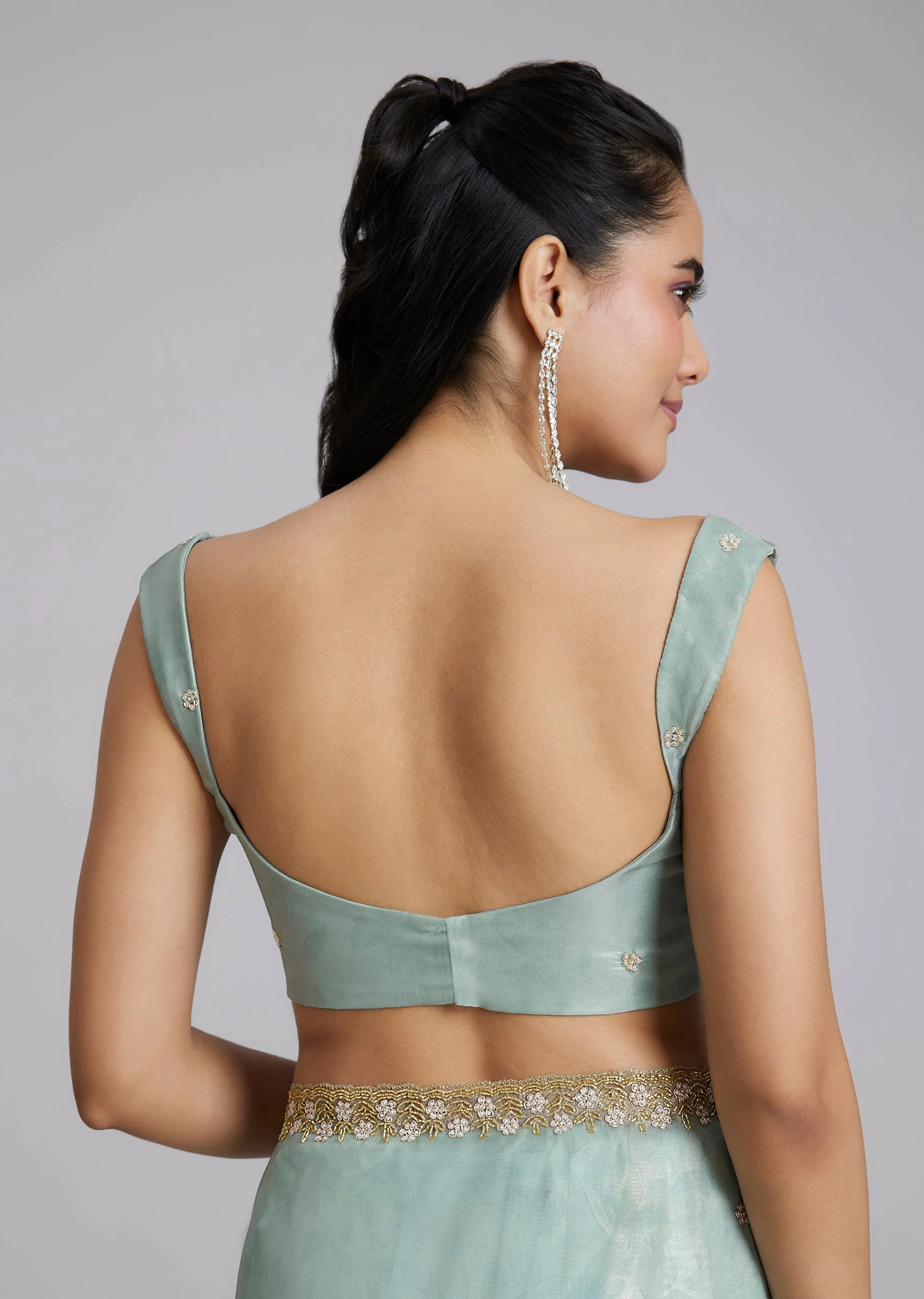 Sky Blue Tissue Saree With Floral Border - Image 8