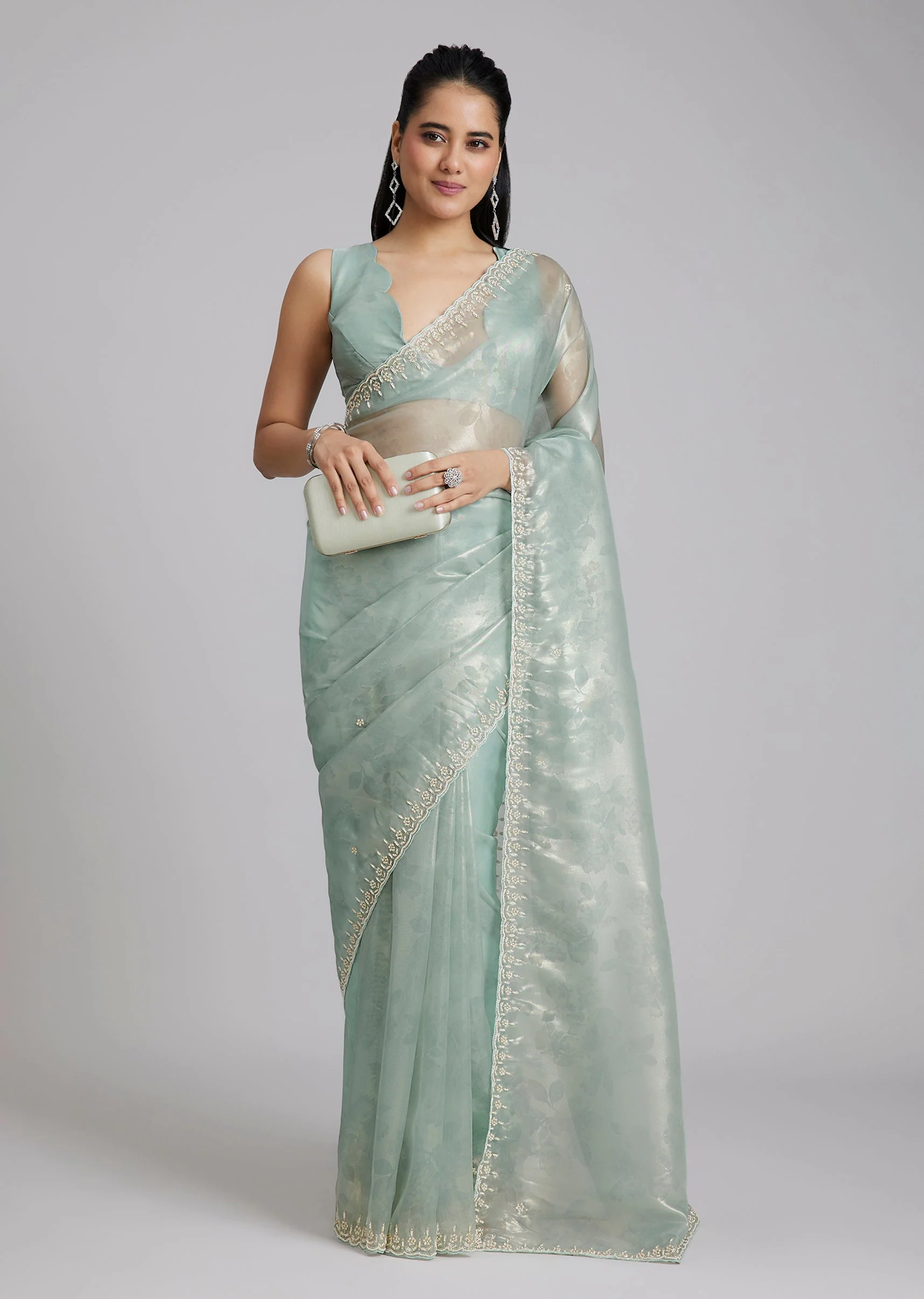 Sky Blue Tissue Saree With Floral Border And Buttis - Image 3