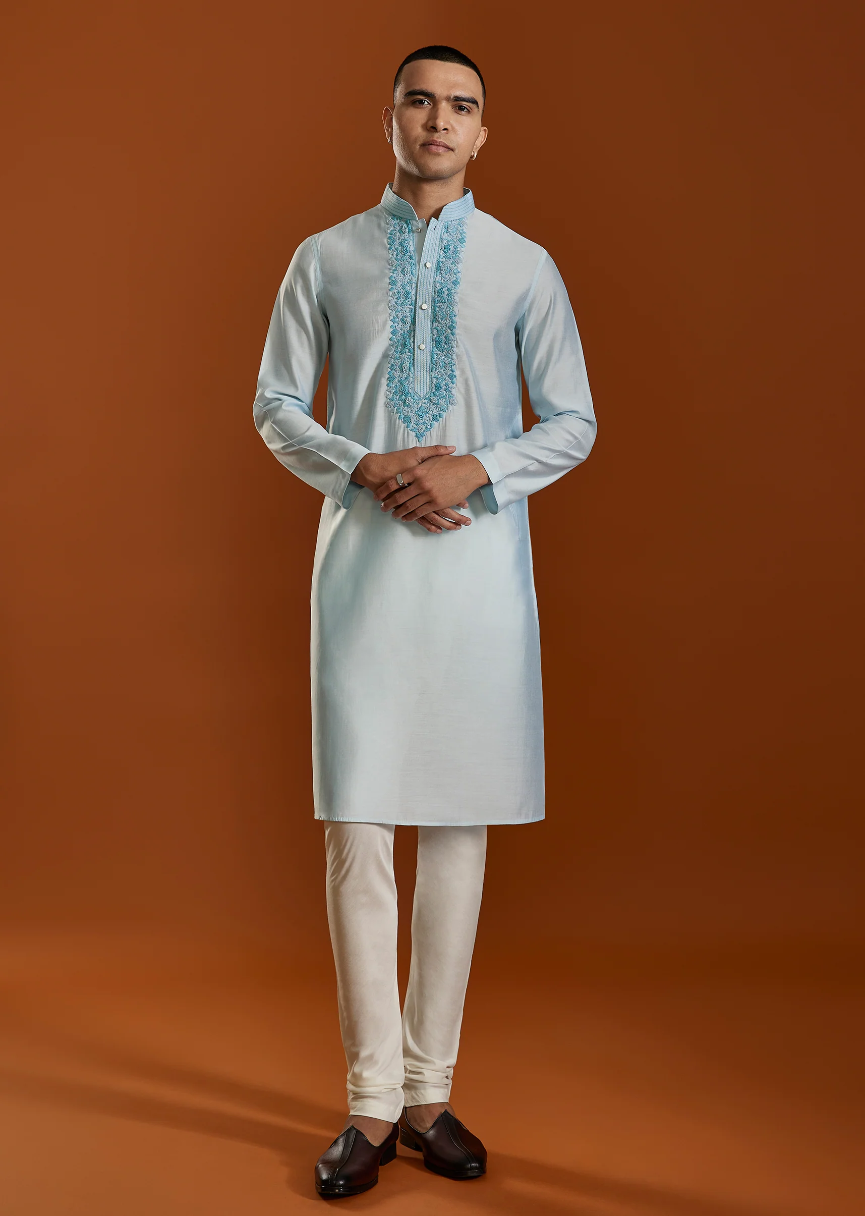 Sky Blue Viscose Resham Work Mens Kurta and Pant Set
