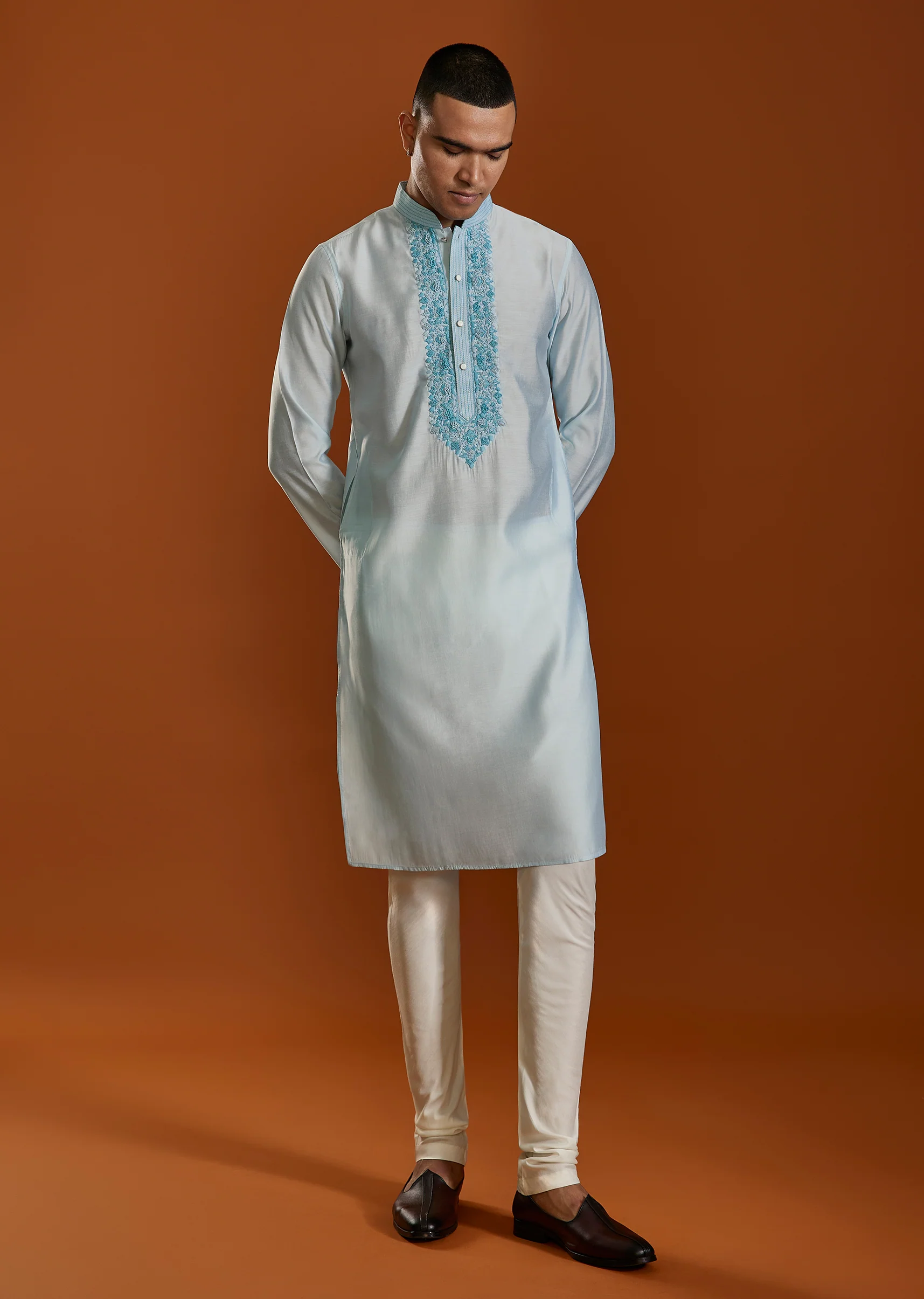 Sky Blue Viscose Resham Work Mens Kurta and Pant Set - Image 3