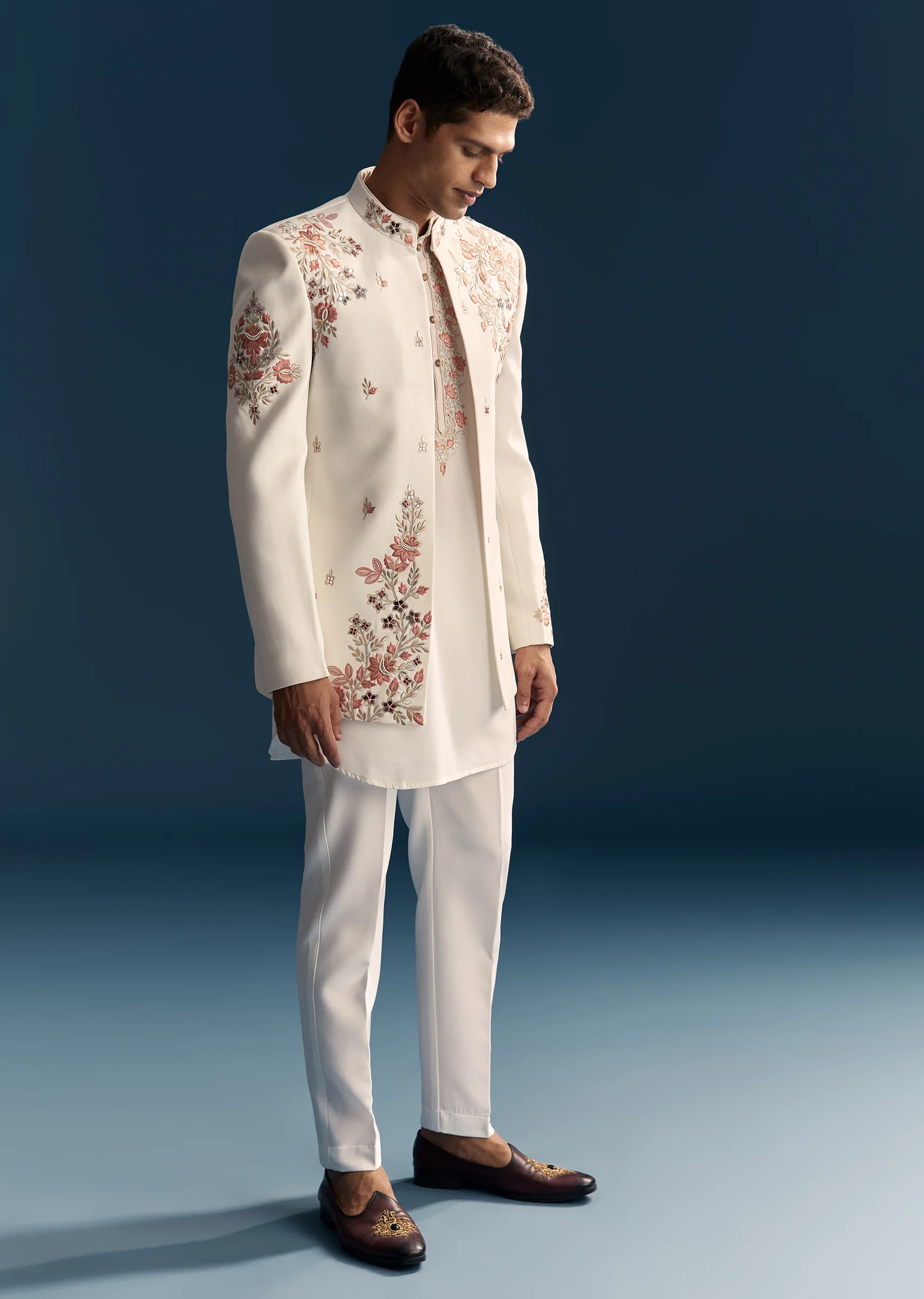 Soft Coordinated Couple Set – Off-White Floral Crop Top Palazzo Set With Cutdana For Her And Off-White Indo-Western Set With Hand Embroidery For Him - Image 8