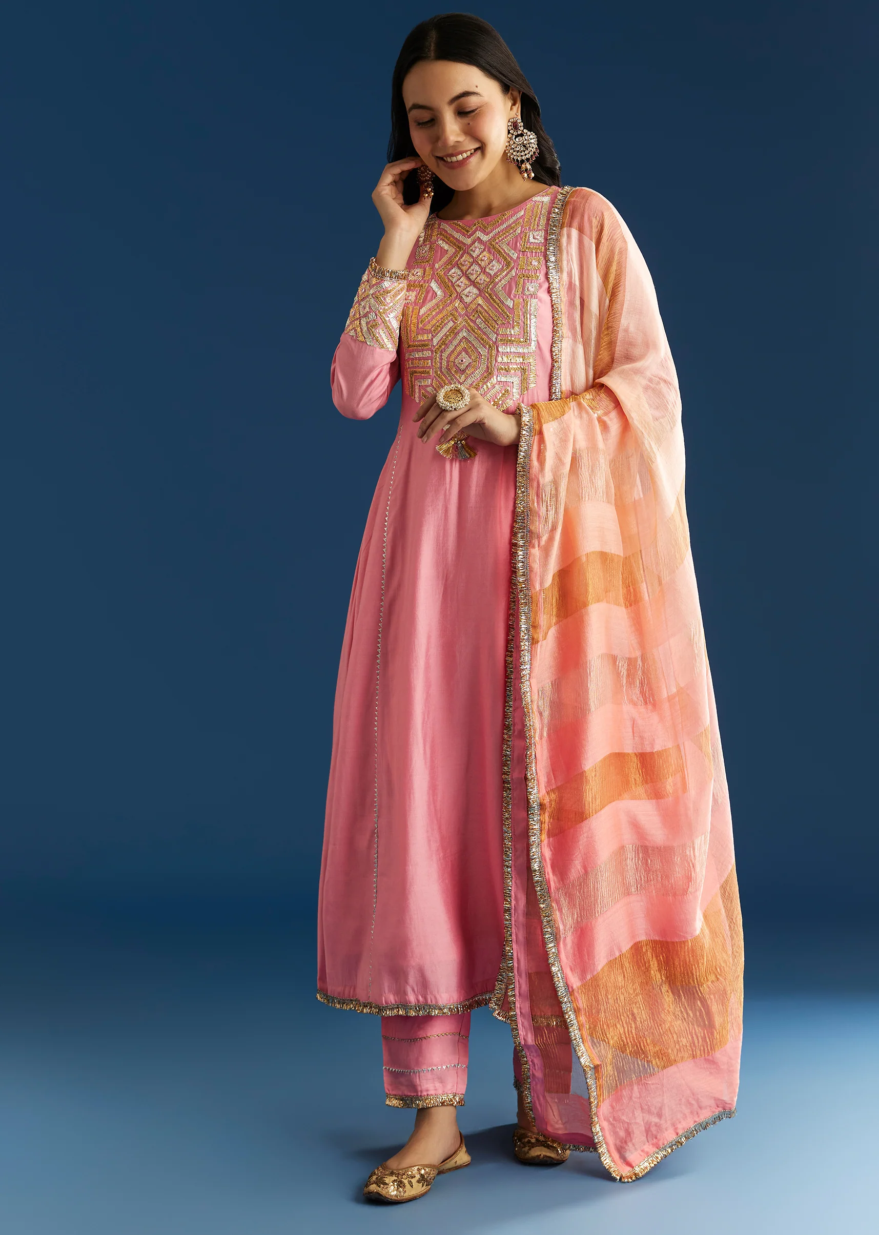 Soft Festive Couple Set – Pink Muslin Gotta Work Anarkali With Pant And Dupatta For Her And Pink Floral Print Art Silk Kurta Pant Set For Him - Image 2