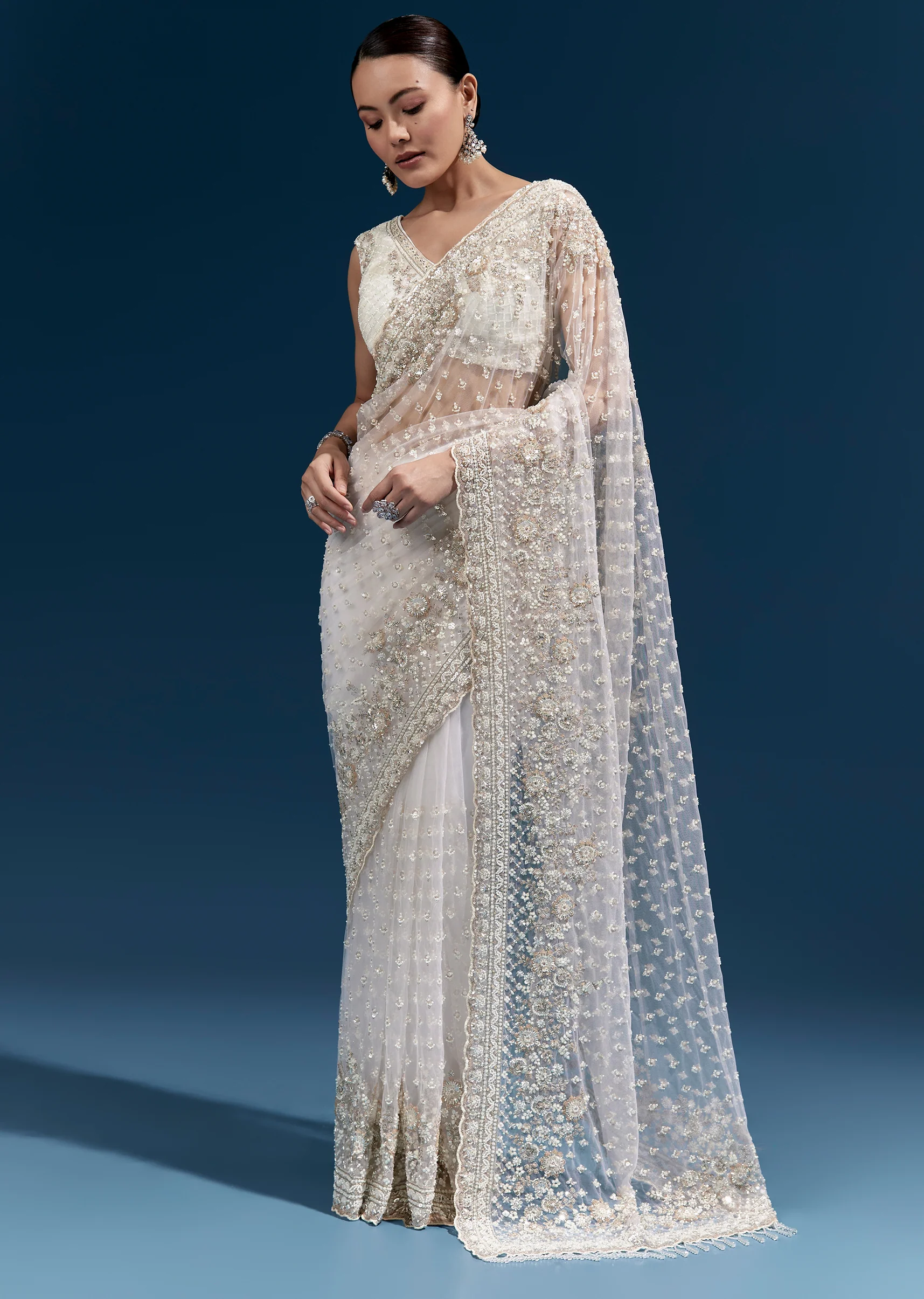 Soft Glow Couple Set – Off-White Heavy Embroidered Net Saree For Her And Cream Art Silk Jacket Kurta Set For Him - Image 3