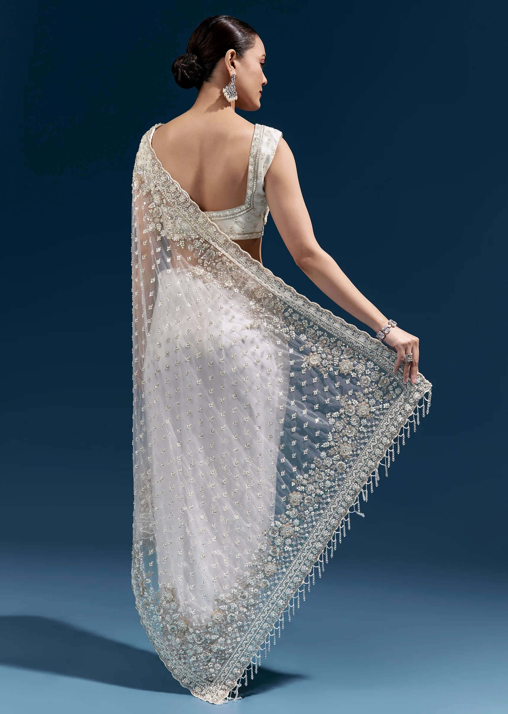 Soft Glow Couple Set – Off-White Heavy Embroidered Net Saree For Her And Cream Art Silk Jacket Kurta Set For Him - Image 4