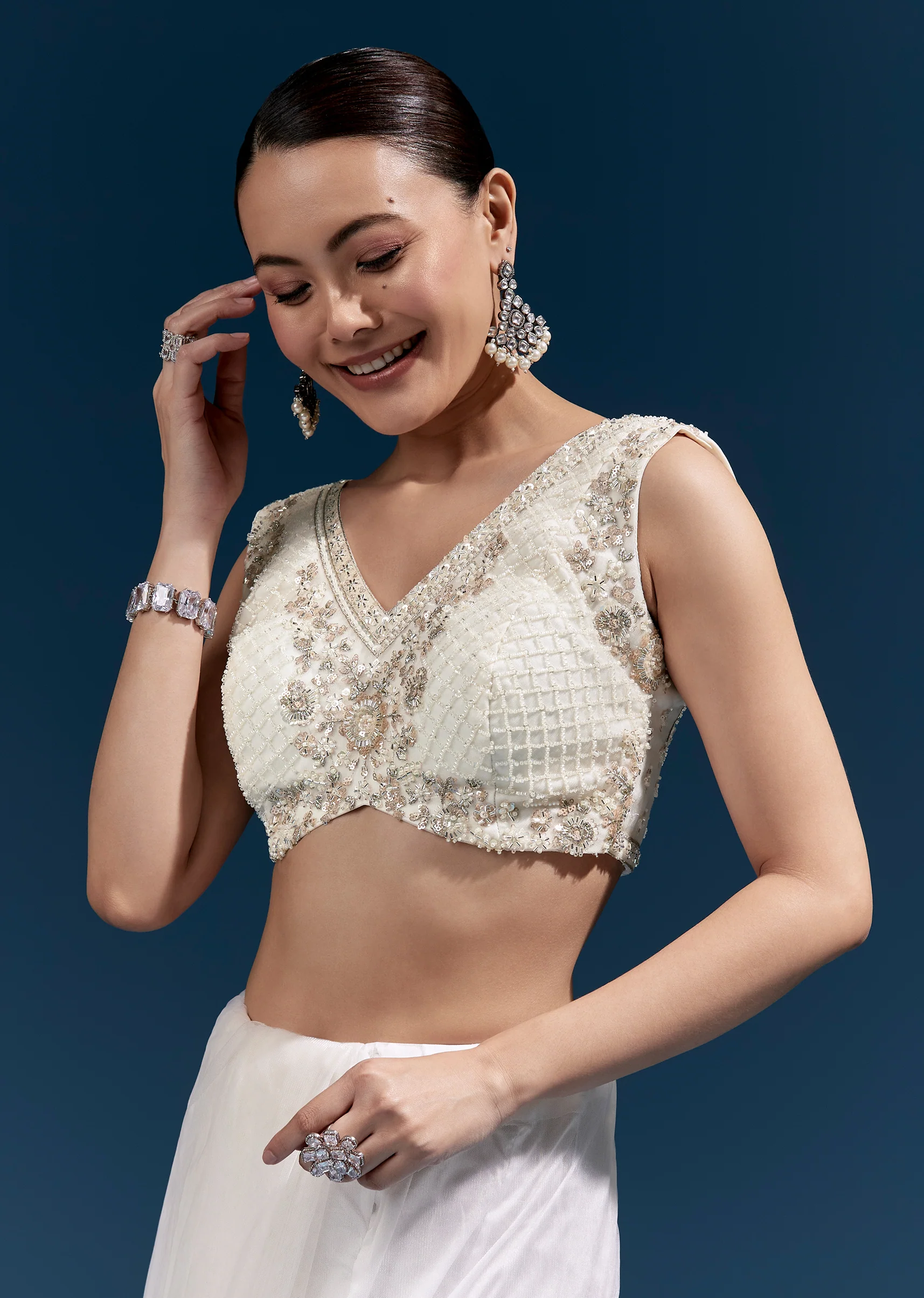 Soft Glow Couple Set – Off-White Heavy Embroidered Net Saree For Her And Cream Art Silk Jacket Kurta Set For Him - Image 5