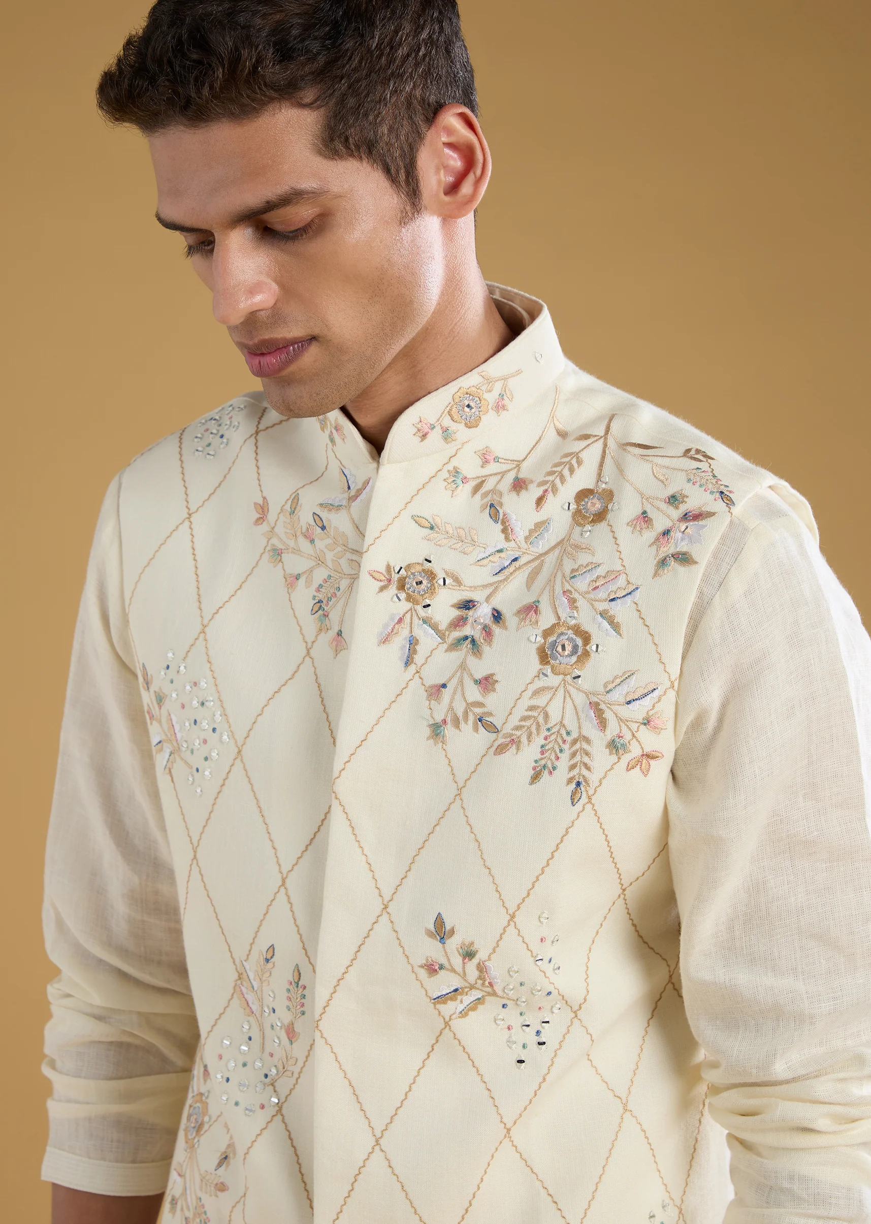 Soft Glow Couple Set – Off-White Heavy Embroidered Net Saree For Her And Cream Art Silk Jacket Kurta Set For Him - Image 9
