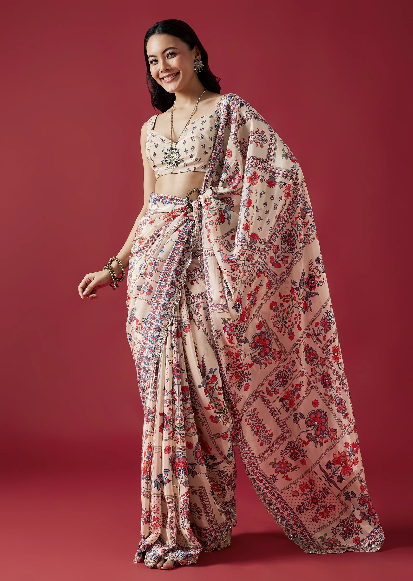 Soft Pastel Pair – Printed Saree For Her And Kurta For Him - Image 3