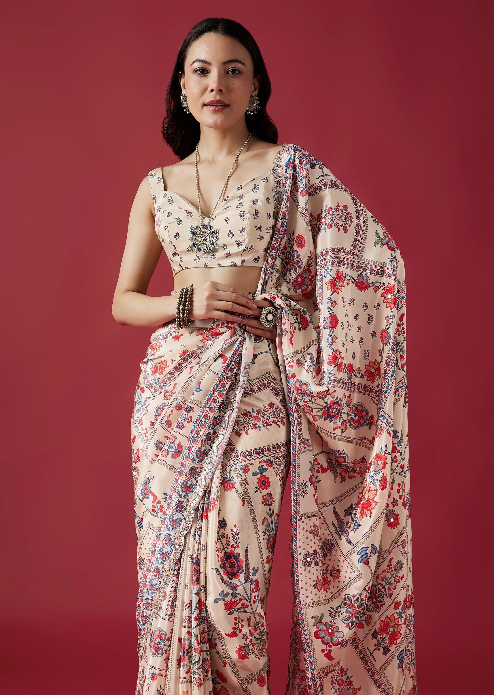 Soft Pastel Pair – Printed Saree For Her And Kurta For Him - Image 4