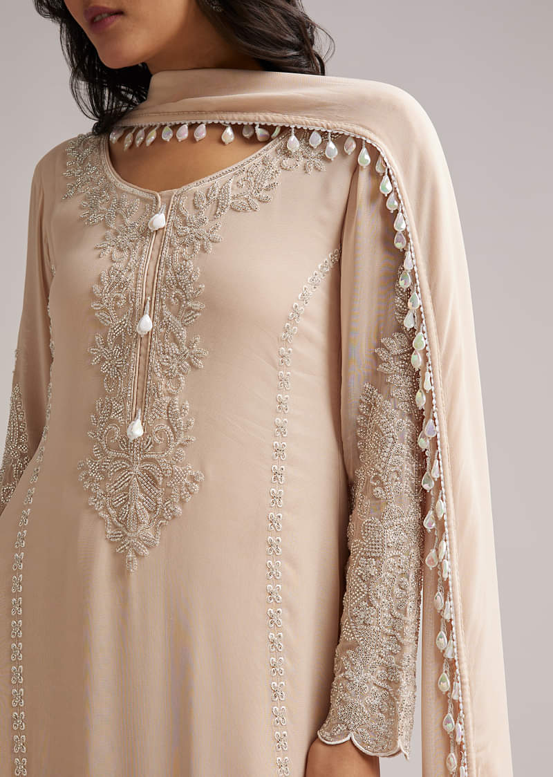 Soft Peach Beaded Kurti Pant Set With Dupatta