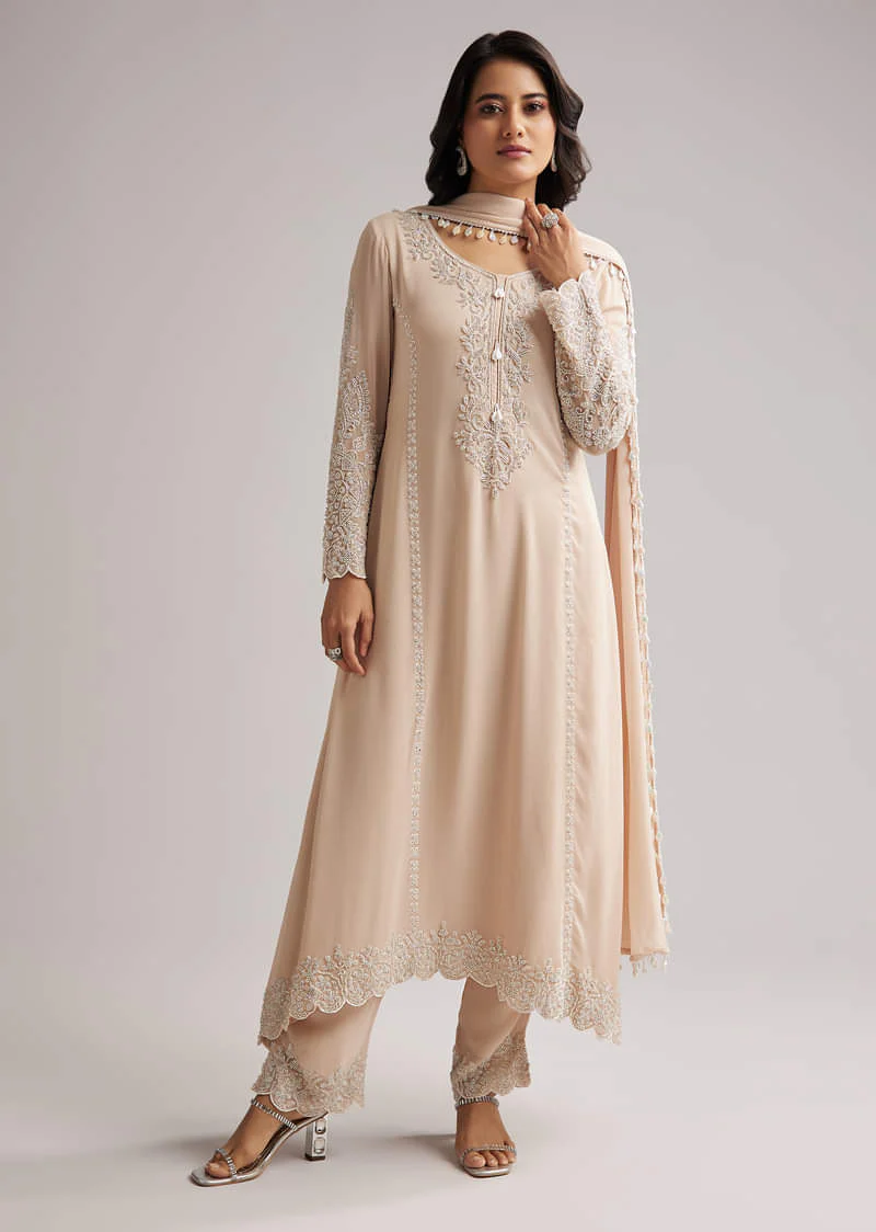 Soft Peach Beaded Kurti Pant Set With Dupatta - Image 2