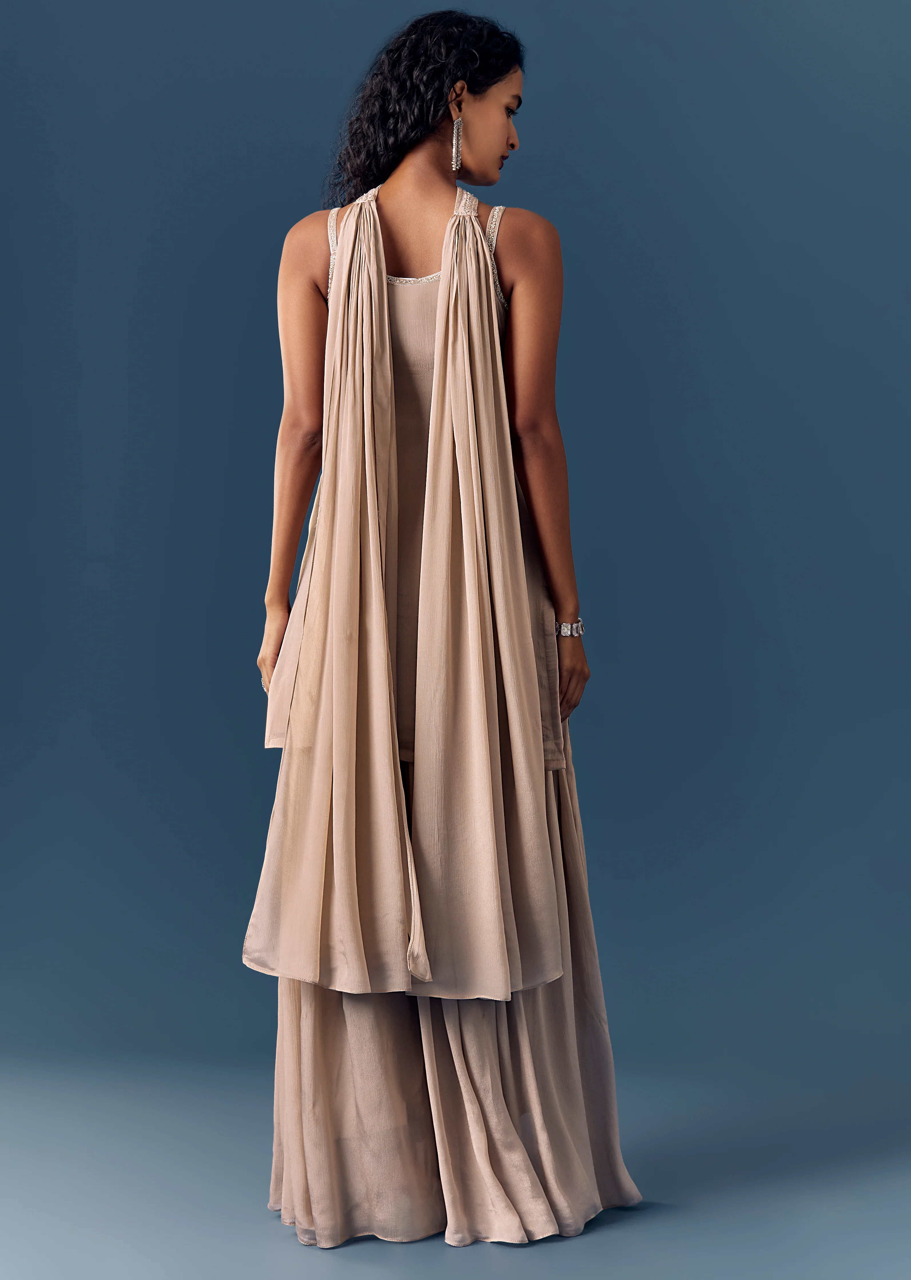 Soft Shimmer Pastel Couple Set – Beige Sequinned Sleeveless Kurta Palazzo Set with Dupatta for Her And Lilac Embellished Rawsilk Kurta Set for Him - Image 5