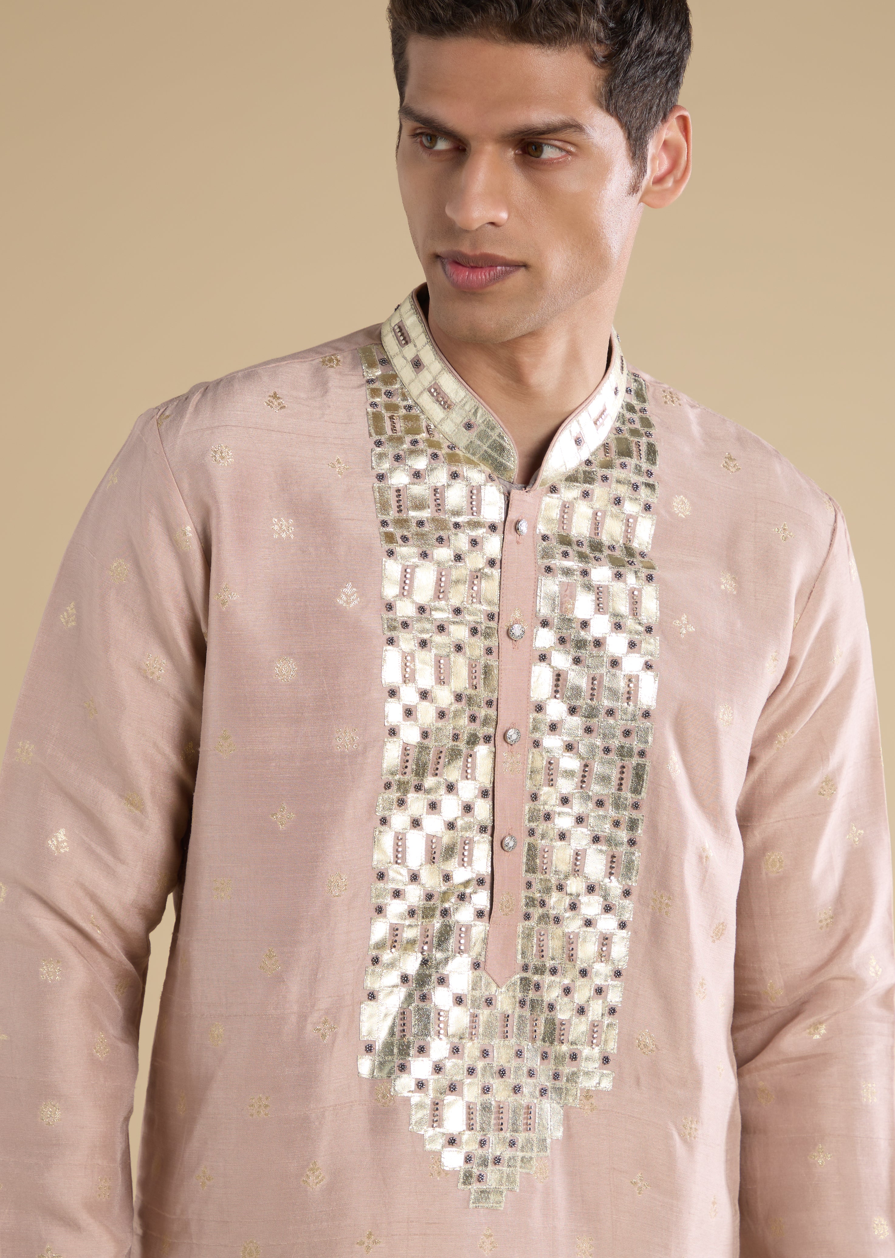 Soft Shimmer Pastel Couple Set – Beige Sequinned Sleeveless Kurta Palazzo Set with Dupatta for Her And Lilac Embellished Rawsilk Kurta Set for Him - Image 6