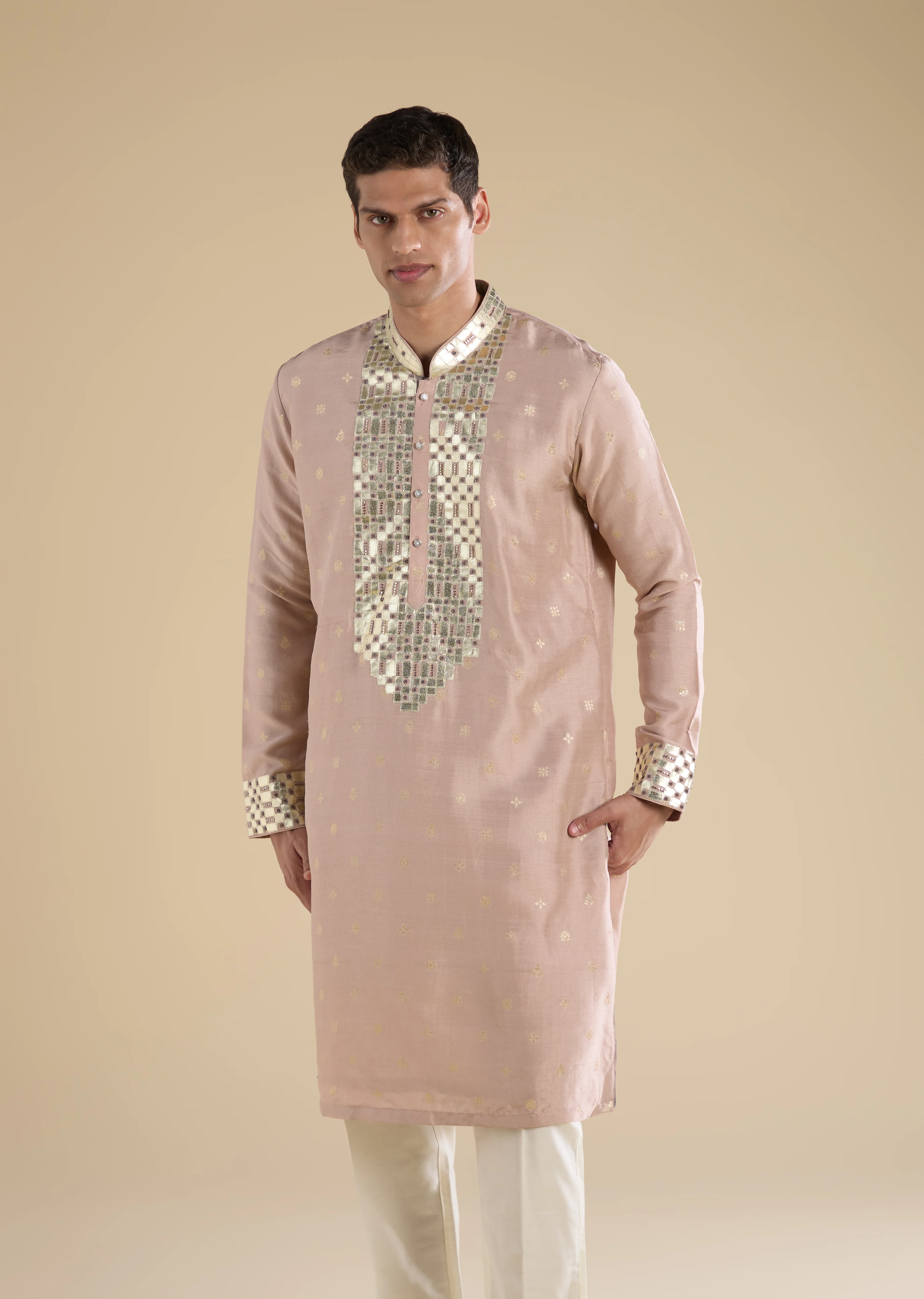 Soft Shimmer Pastel Couple Set – Beige Sequinned Sleeveless Kurta Palazzo Set with Dupatta for Her And Lilac Embellished Rawsilk Kurta Set for Him - Image 8