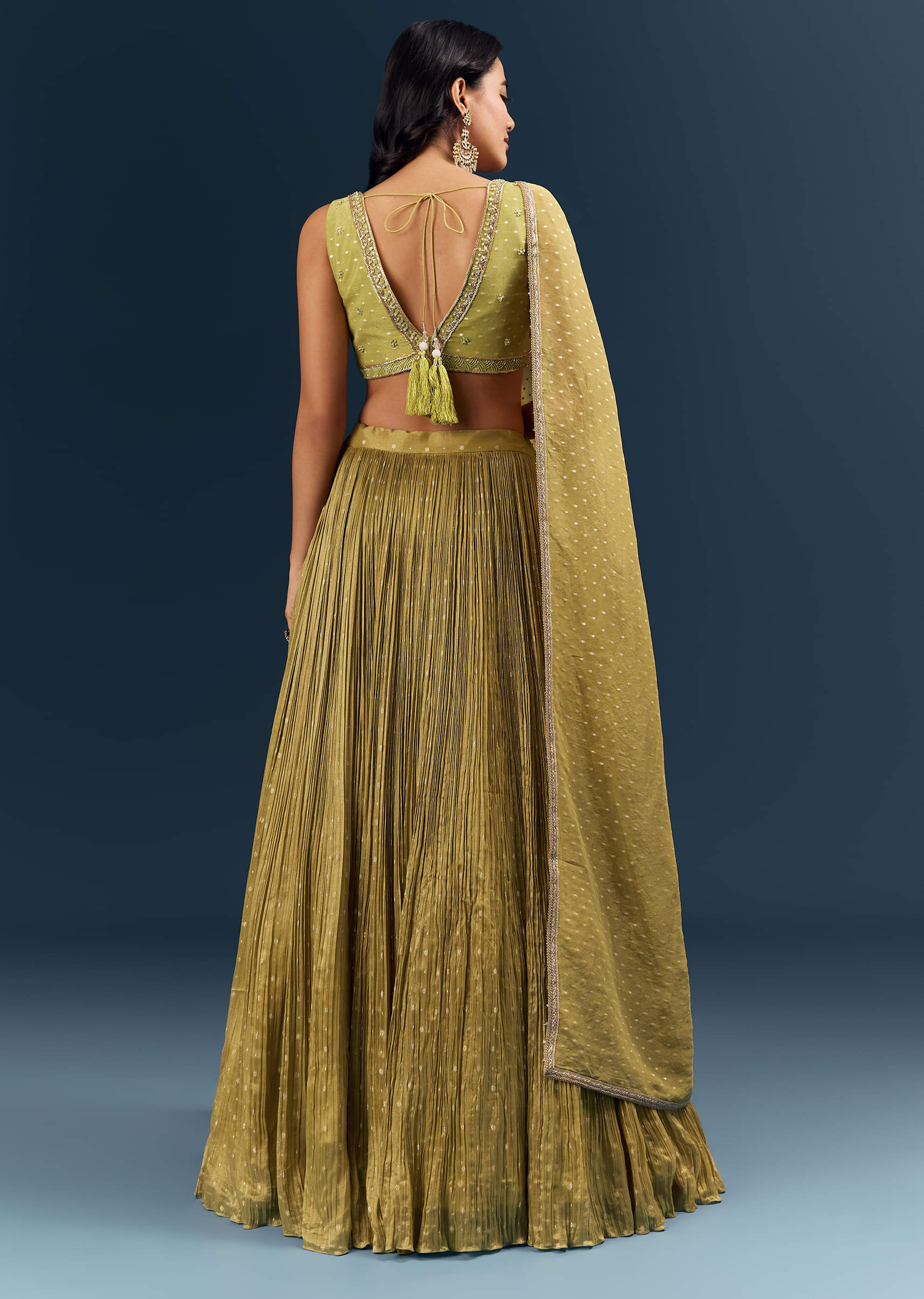Solid Green Banarasi Silk Bridesmaid Lehenga With Intricate Hand Embroidery - Image 2