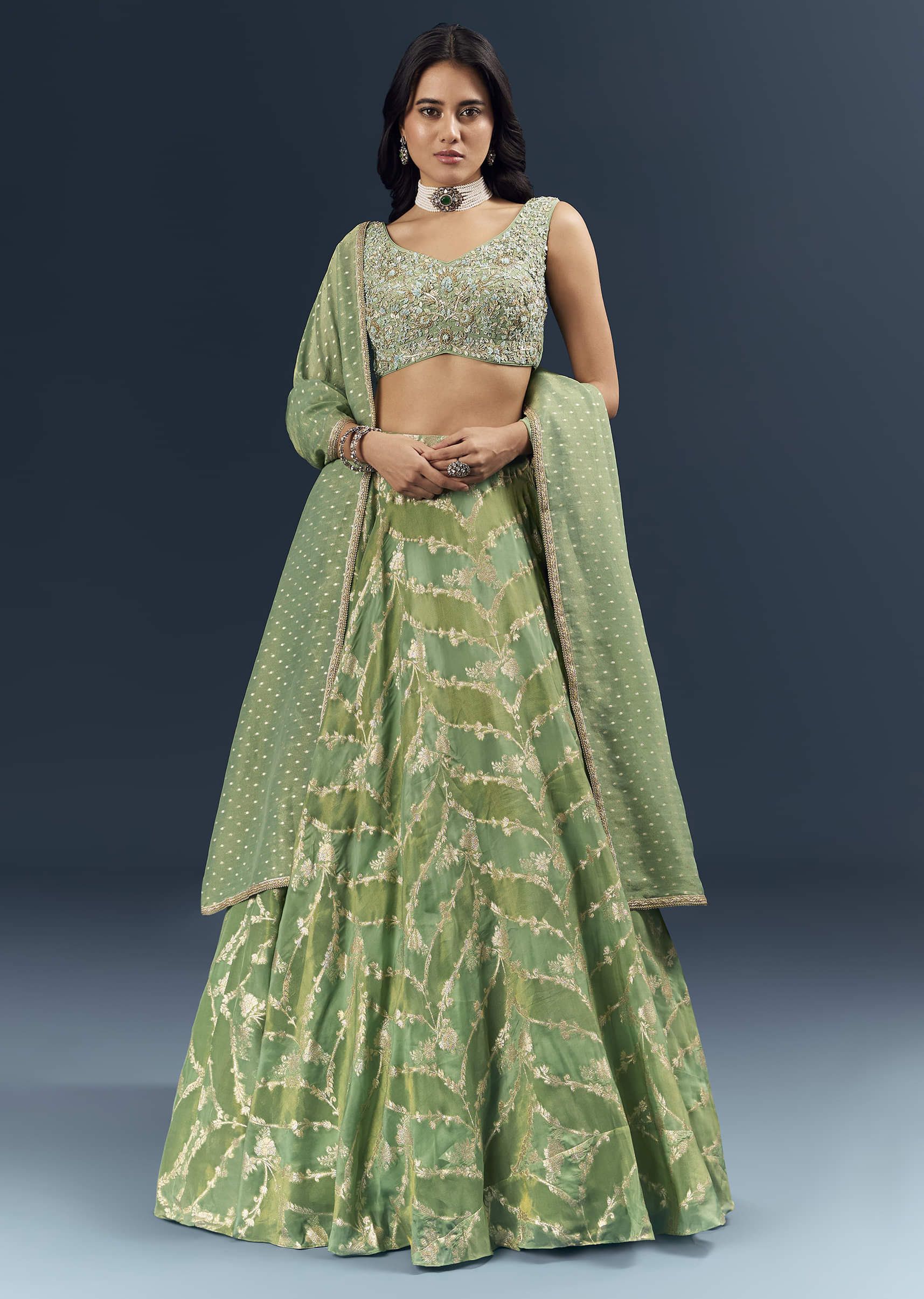 Spa Green Banarasi Silk Bridesmaid Lehenga With Heavy Hand Embroidery