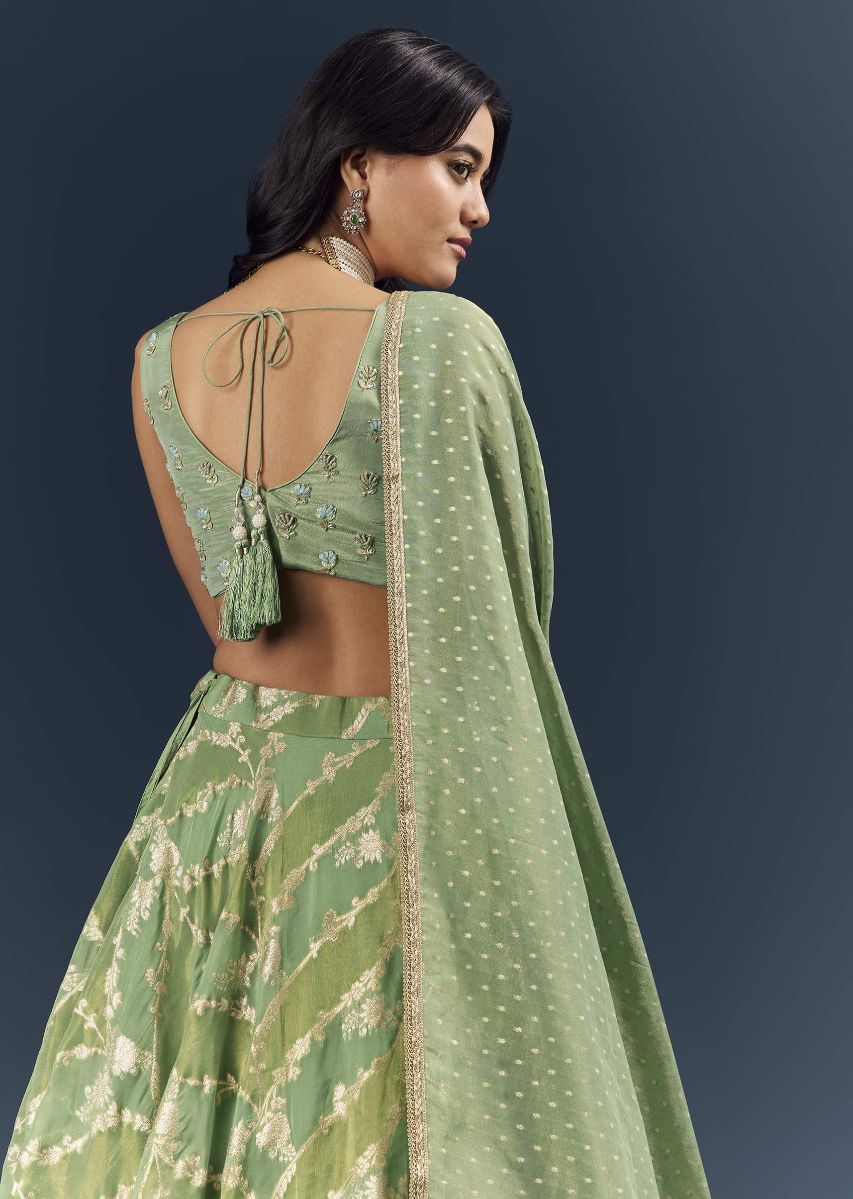 Spa Green Banarasi Silk Bridesmaid Lehenga With Heavy Hand Embroidery - Image 6