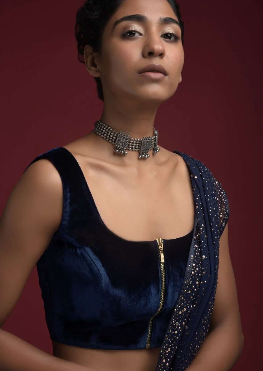 Space Blue Blouse In Velvet With Front Zip Opening - Image 4