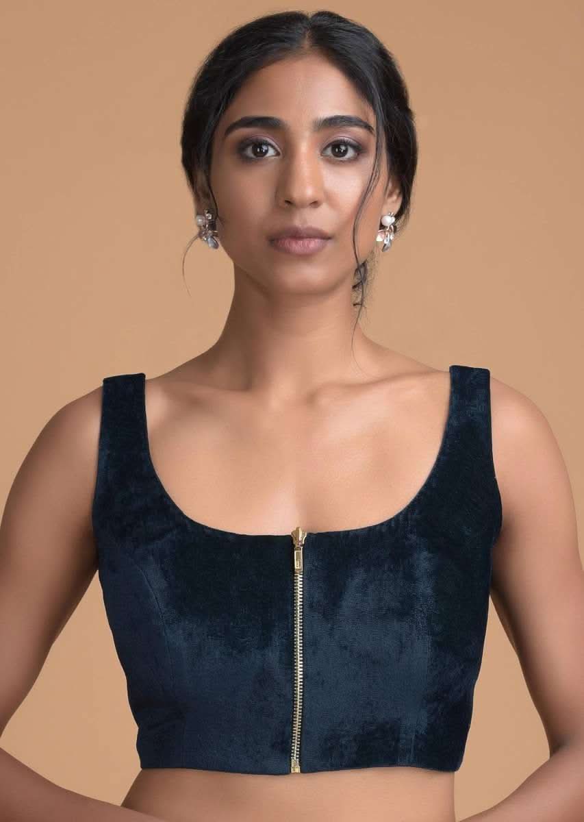 Space Blue Blouse In Velvet With Front Zip Opening - Image 5