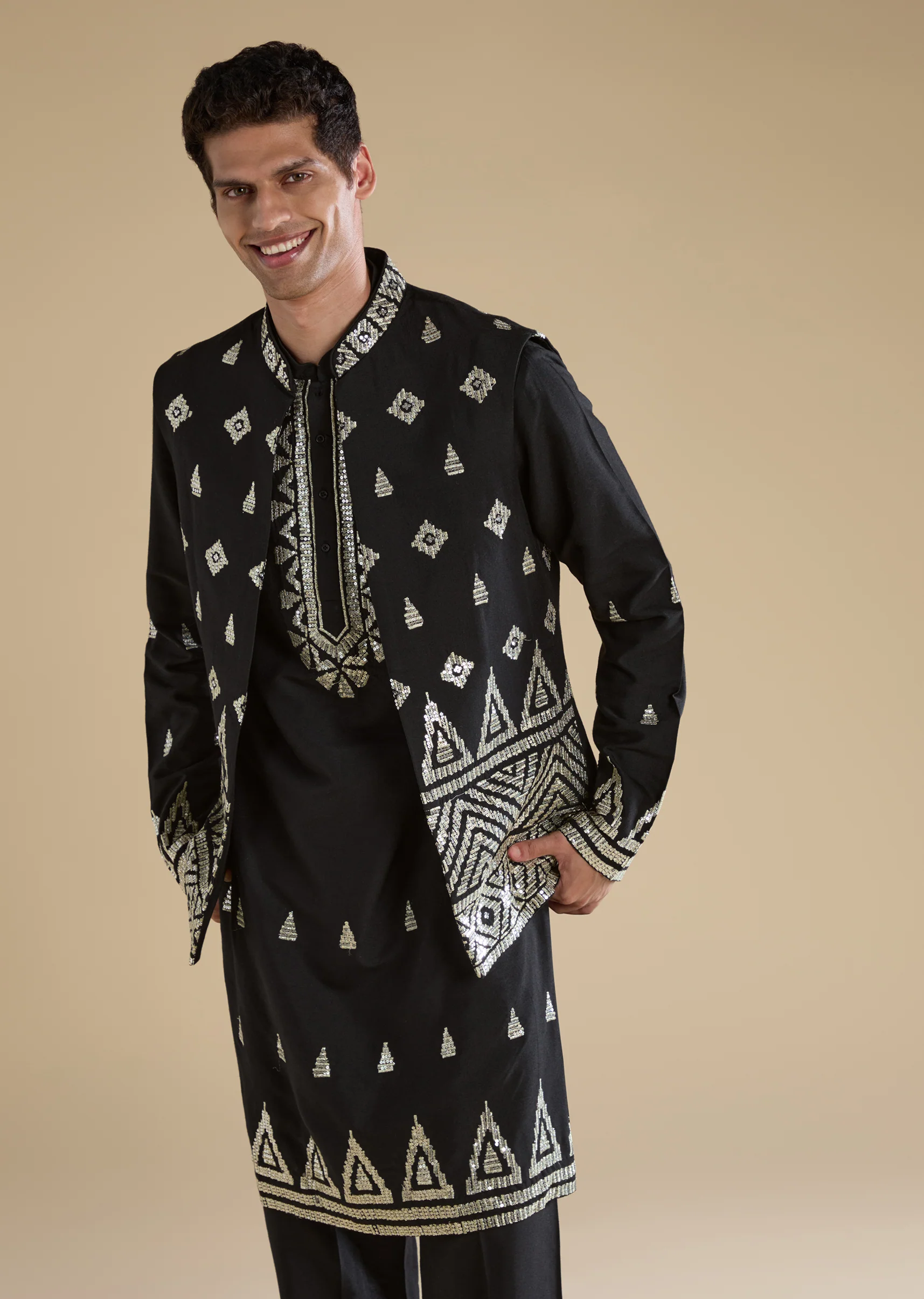 Statement Black Modern Couple Set – Black Chinon Crop Top Skirt Set For Her And Black Foil Applique Jacket Kurta Set For Him - Image 10