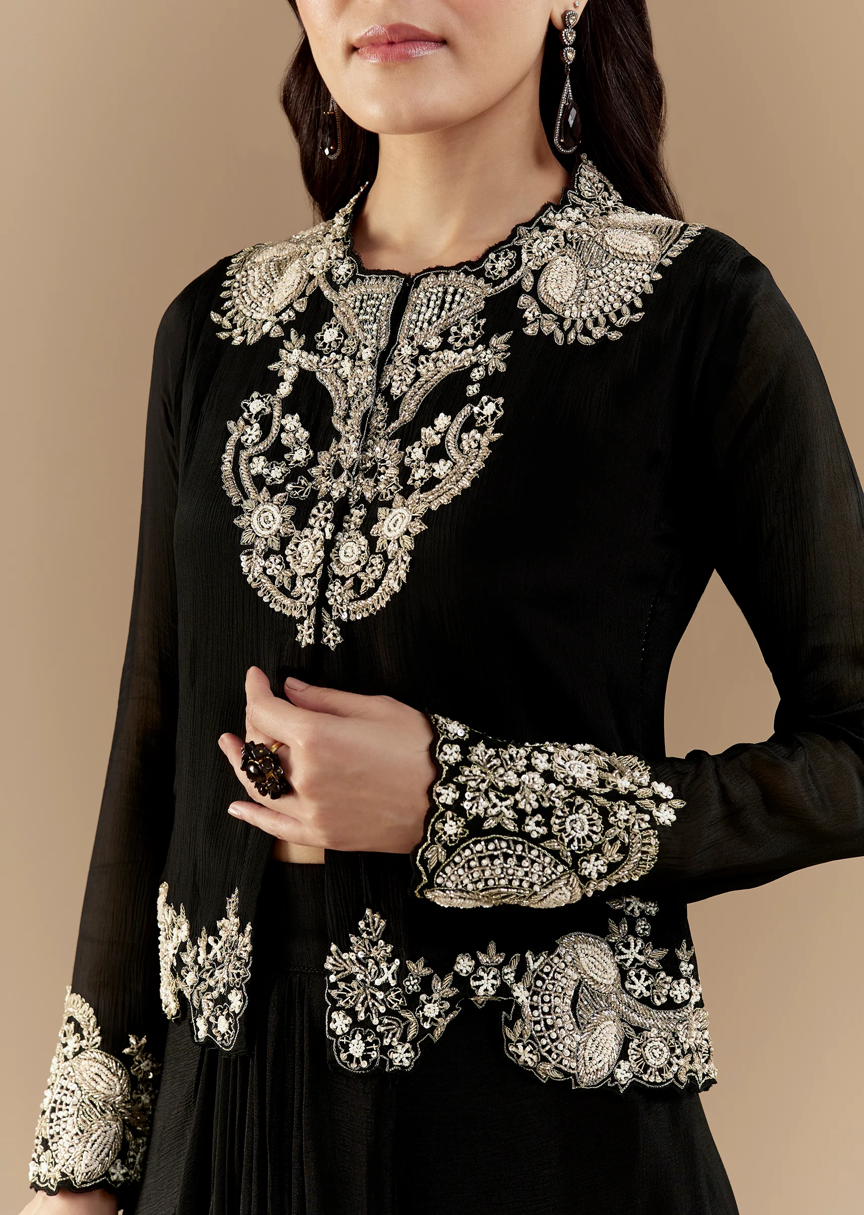 Statement Black Modern Couple Set – Black Chinon Crop Top Skirt Set For Her And Black Foil Applique Jacket Kurta Set For Him - Image 2