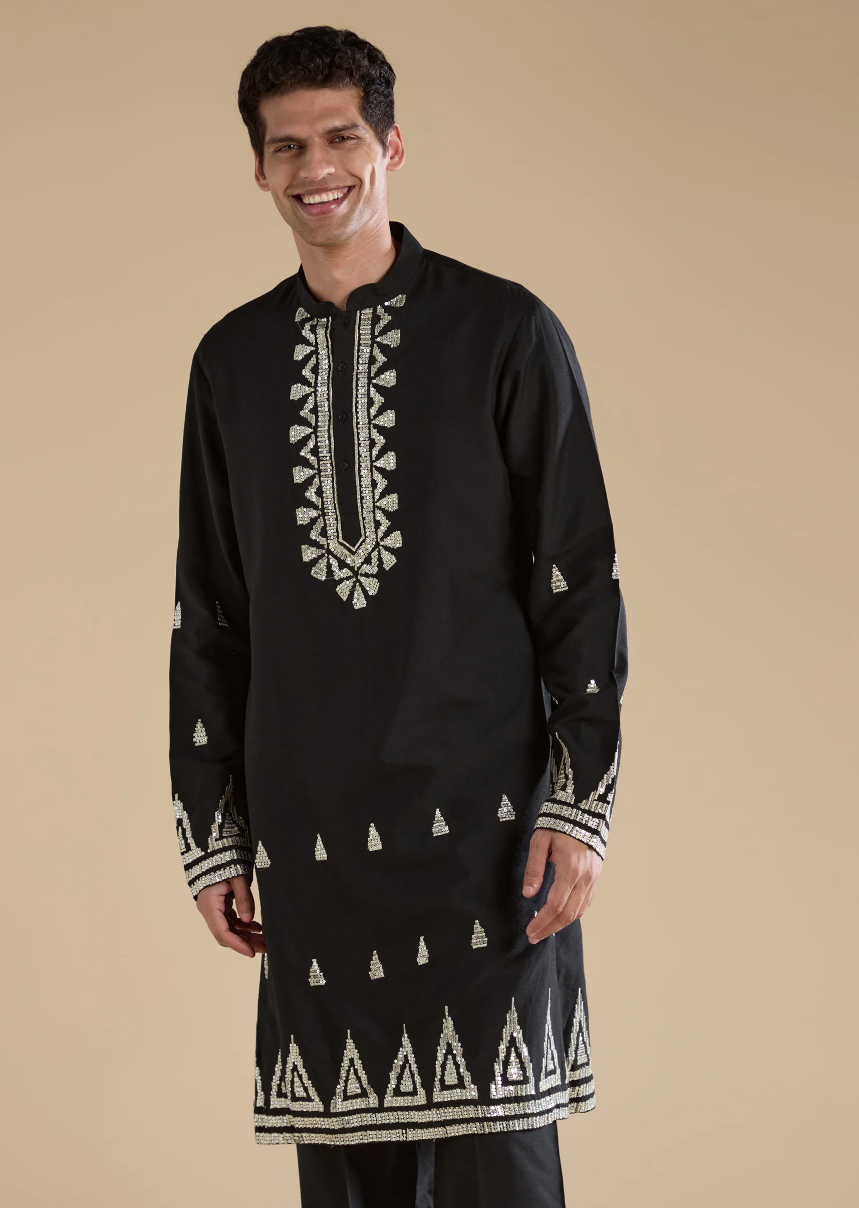 Statement Black Modern Couple Set – Black Chinon Crop Top Skirt Set For Her And Black Foil Applique Jacket Kurta Set For Him - Image 6