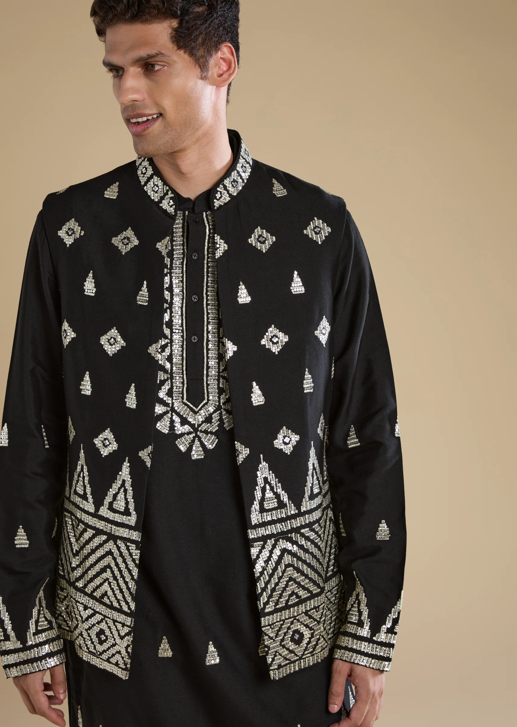 Statement Black Modern Couple Set – Black Chinon Crop Top Skirt Set For Her And Black Foil Applique Jacket Kurta Set For Him - Image 8