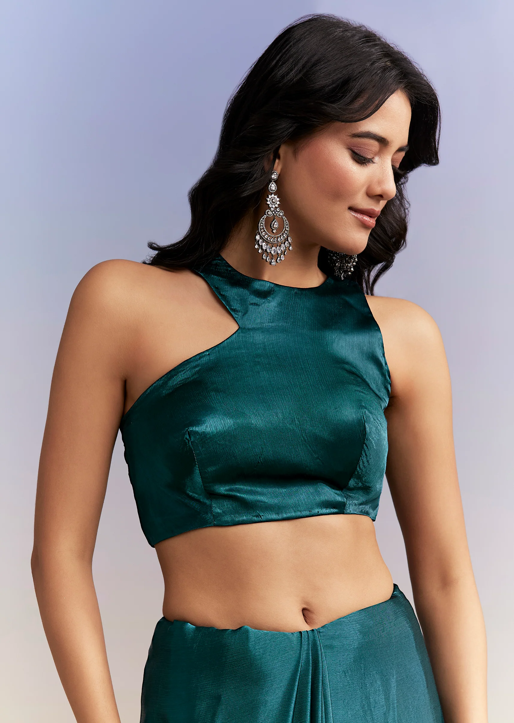 Statement Evening Couple Set – Teal Blue Satin Chinon Saree With Heavy Hand Embroidery For Her And Teal Blue Indo-Western Set With Heavy Embroidery For Him - Image 4