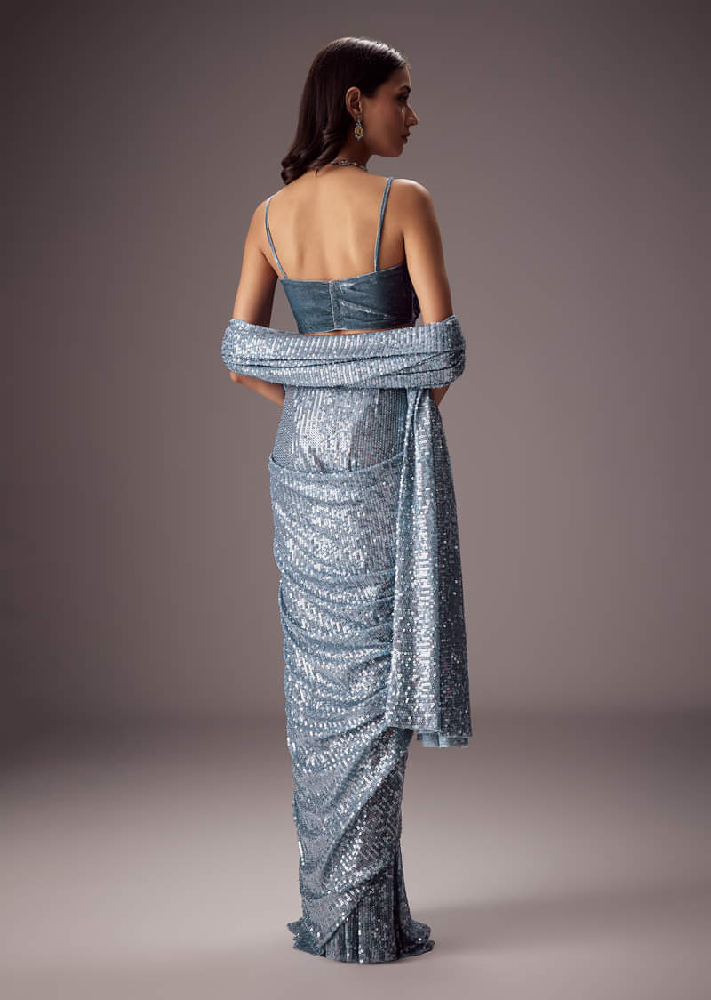 Steel Blue Sequin Saree Paired With A Plush Velvet blouse - Image 2