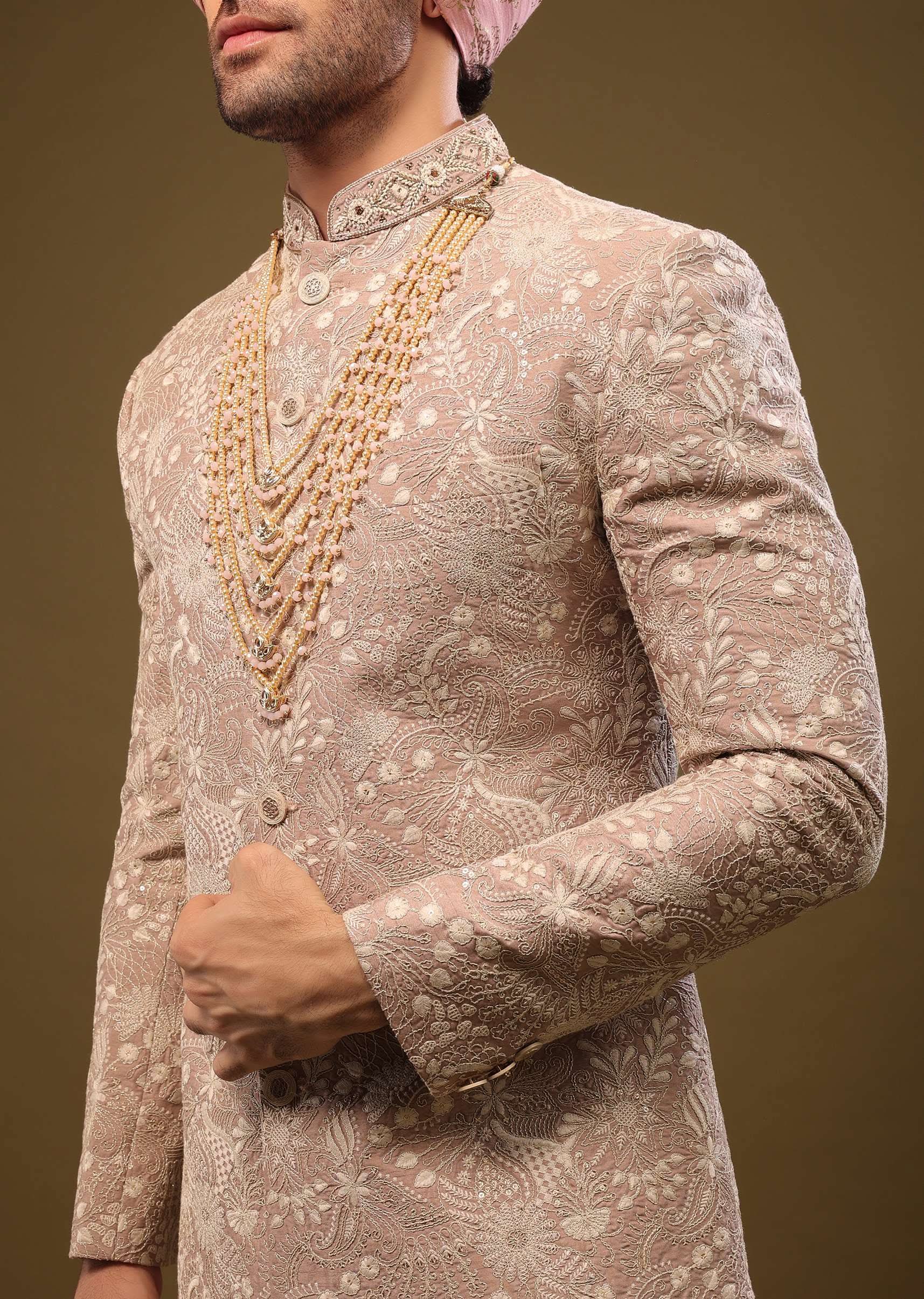 Tan Brown Silk Sherwani Set In Zari And Sequins Embroidery - Image 3
