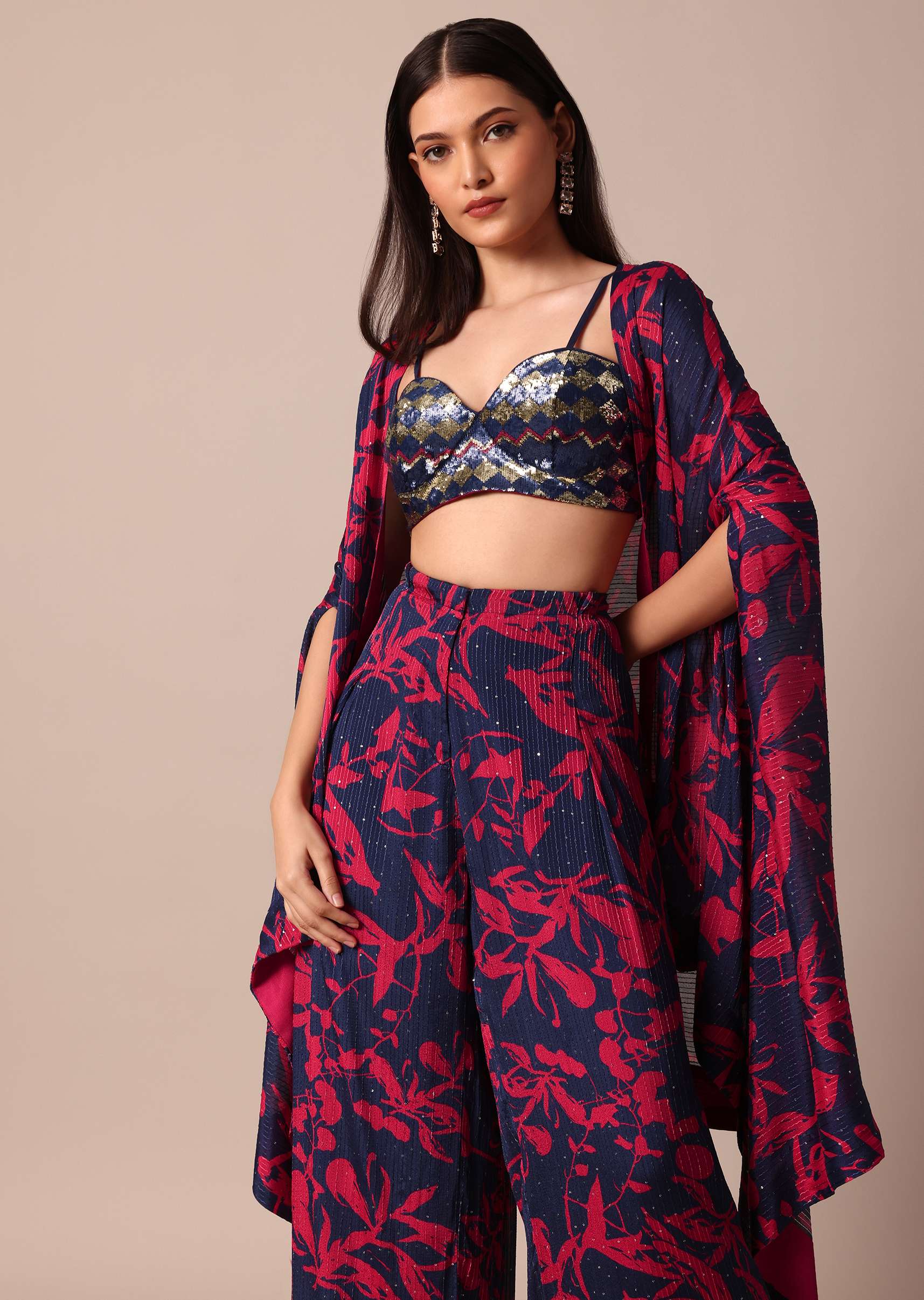 Stunning Crop Top With Printed Chiffon Jacket and Palazzo Set - Image 4