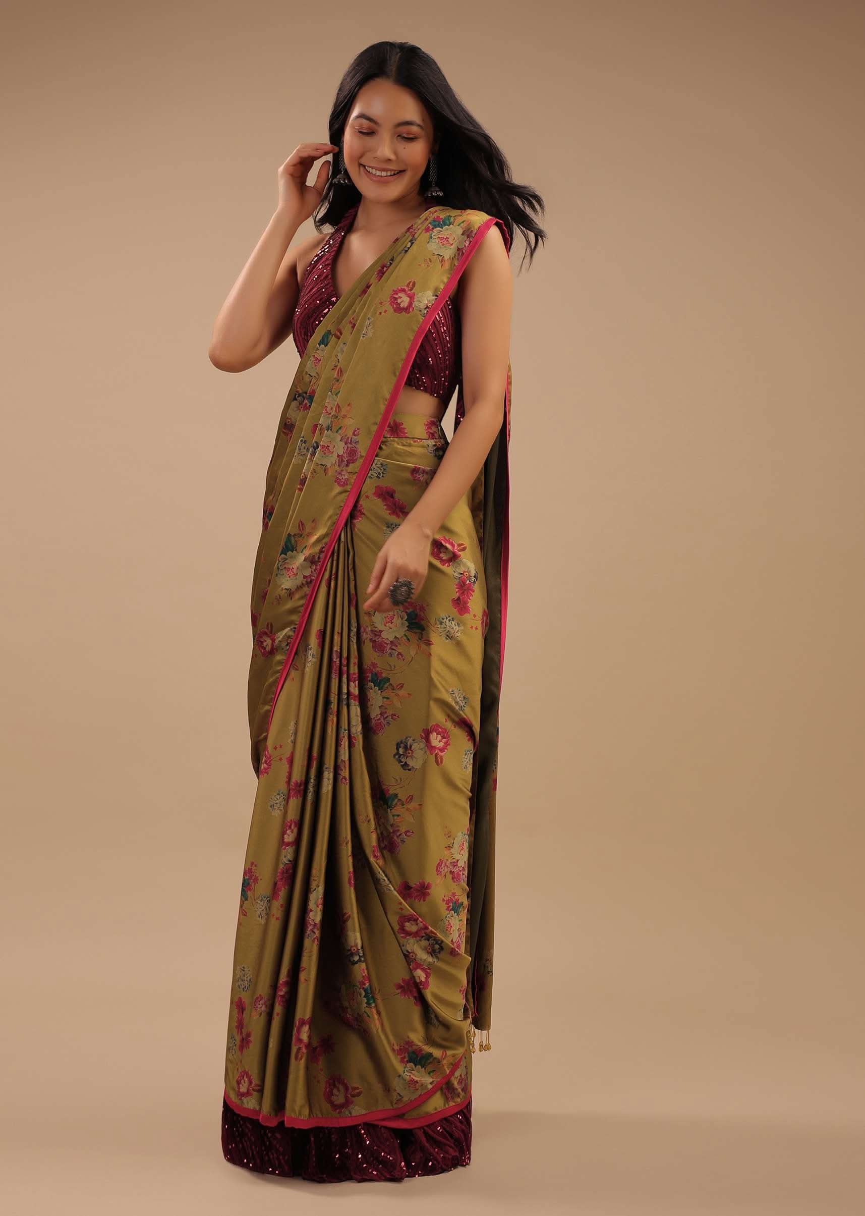 Sulphur Yellow Readymade Saree With Floral Print And Contrast Red Sequins Blouse - Image 3