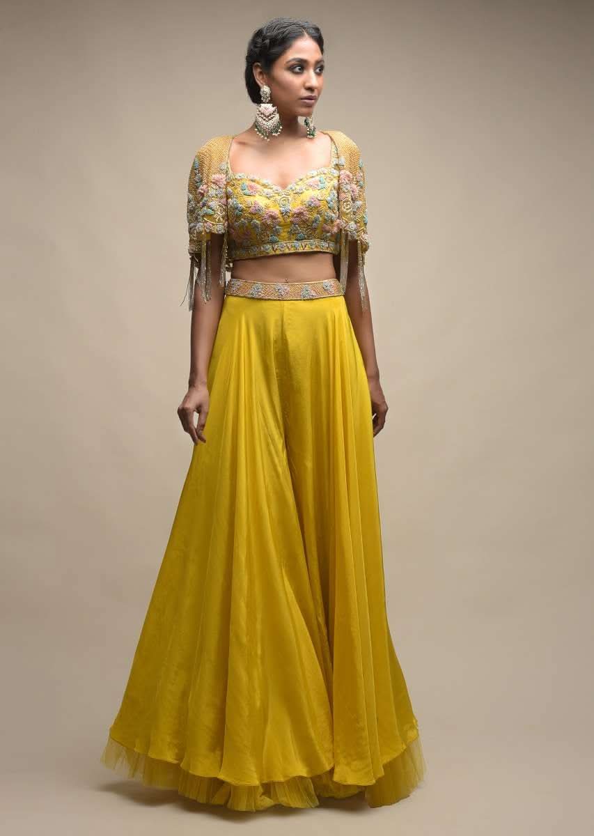 Sun Yellow Palazzo Suit With 3D Organza Flower Embellished Crop Top And Short Cape - Image 3