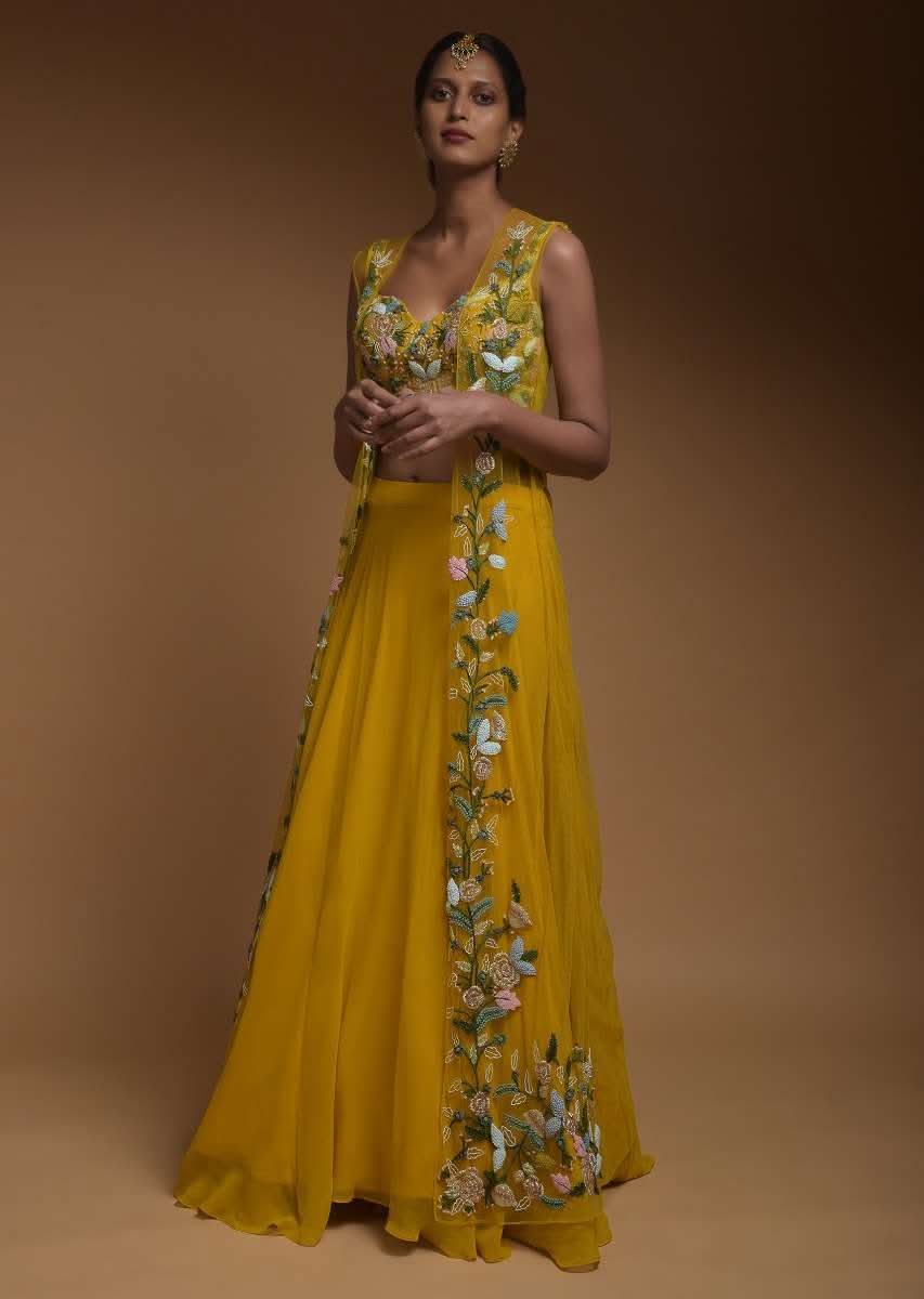 Sun Yellow Skirt, Crop Top And Jacket With 3D Flowers And Embossed Embroidery