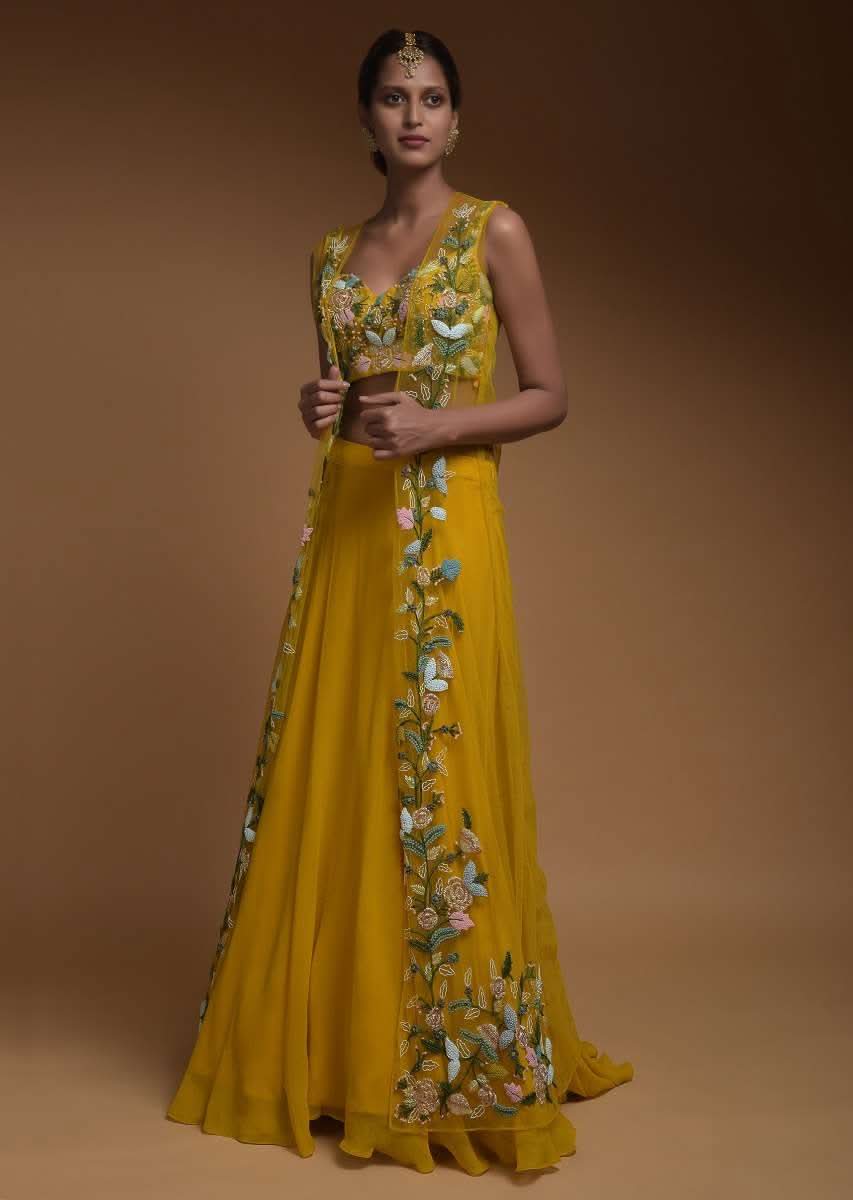 Sun Yellow Skirt, Crop Top And Jacket With 3D Flowers And Embossed Embroidery - Image 2