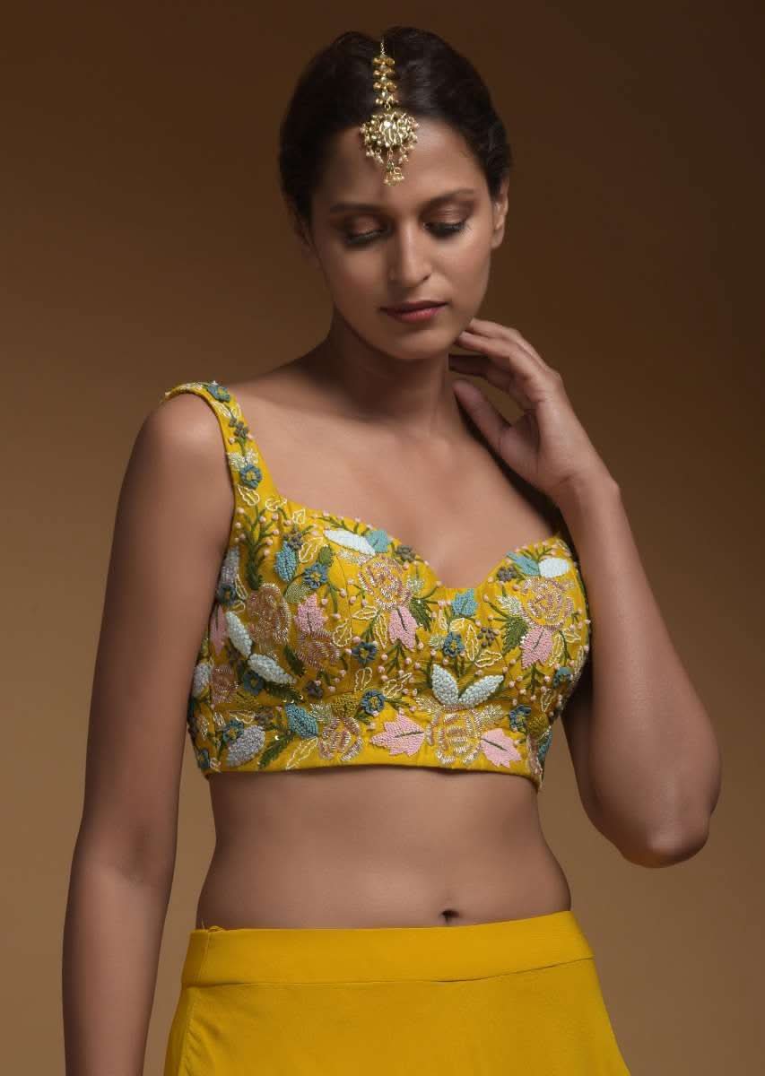 Sun Yellow Skirt, Crop Top And Jacket With 3D Flowers And Embossed Embroidery - Image 4