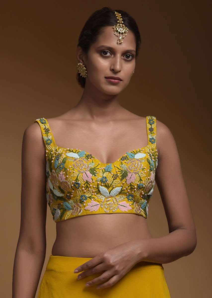 Sun Yellow Skirt, Crop Top And Jacket With 3D Flowers And Embossed Embroidery - Image 5